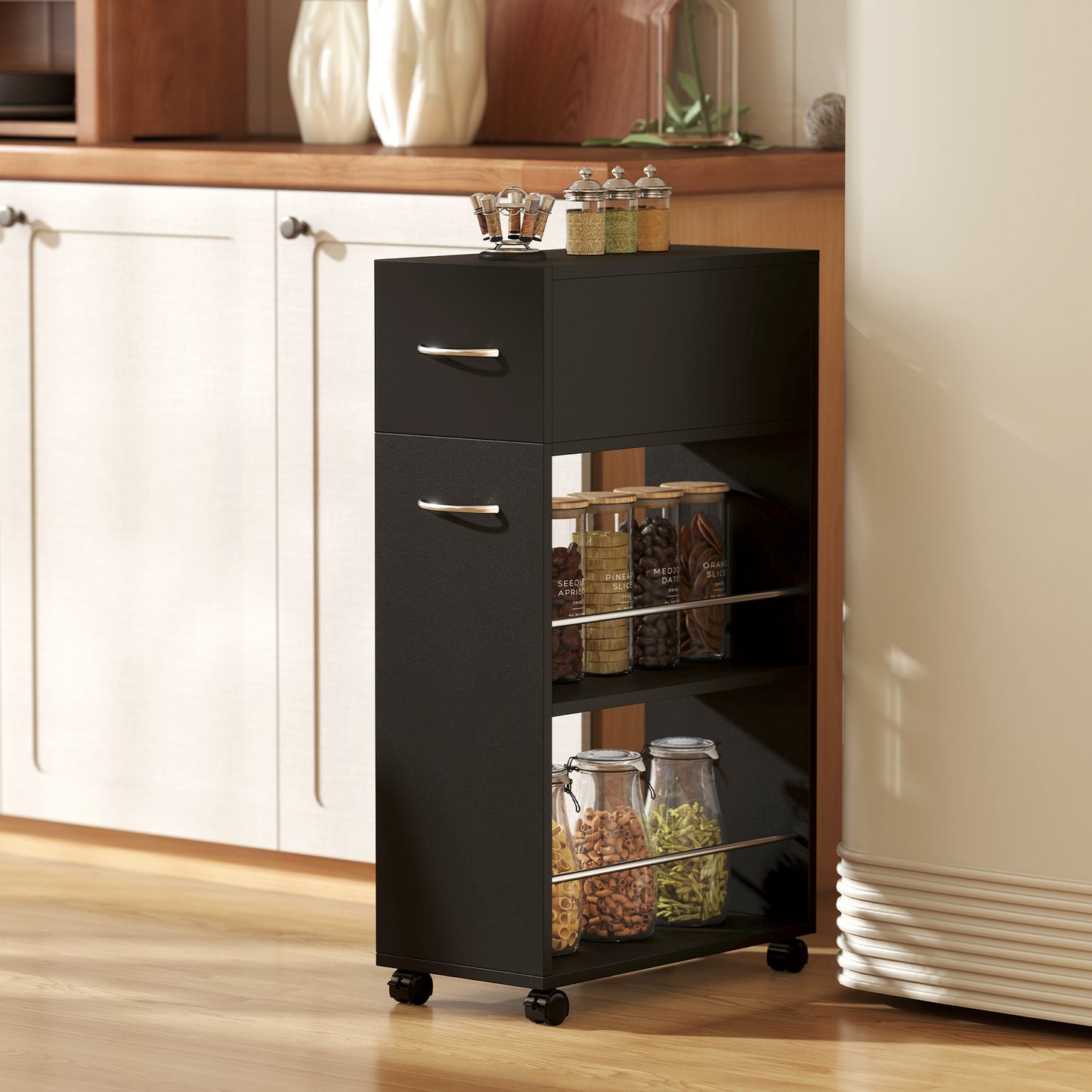 HOMCOM Kitchen serving cart on casters with 1 drawer and 2 open shelves for dining room 25 x 50 x 85 cm Black
