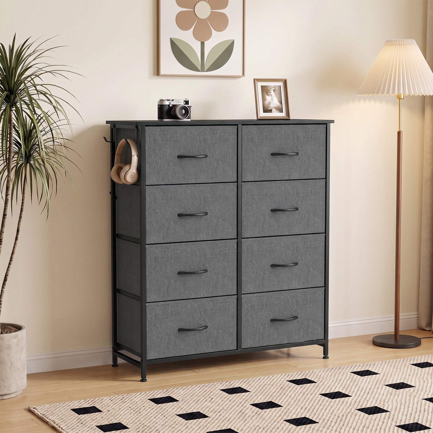 HOMCOM Chest of Drawers, Dresser for Bedroom with 8 Fabric Drawers, Tall Storage Unit w/ Side Storage Bag, Grey