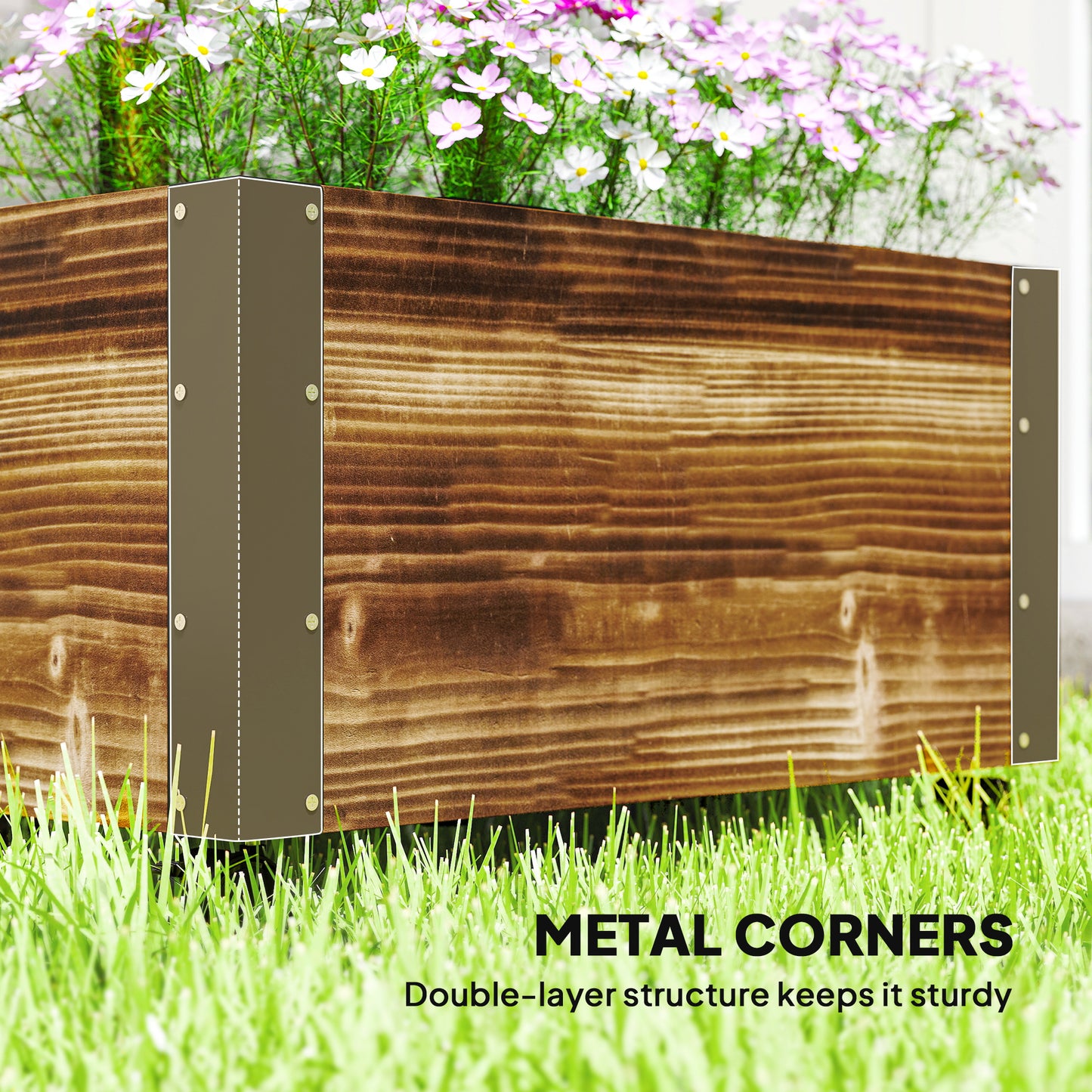 Outsunny Raised Garden Bed with Trellis, Outdoor Wooden Planter Box with Metal Corners and Wheels, Raised Bed for Garden