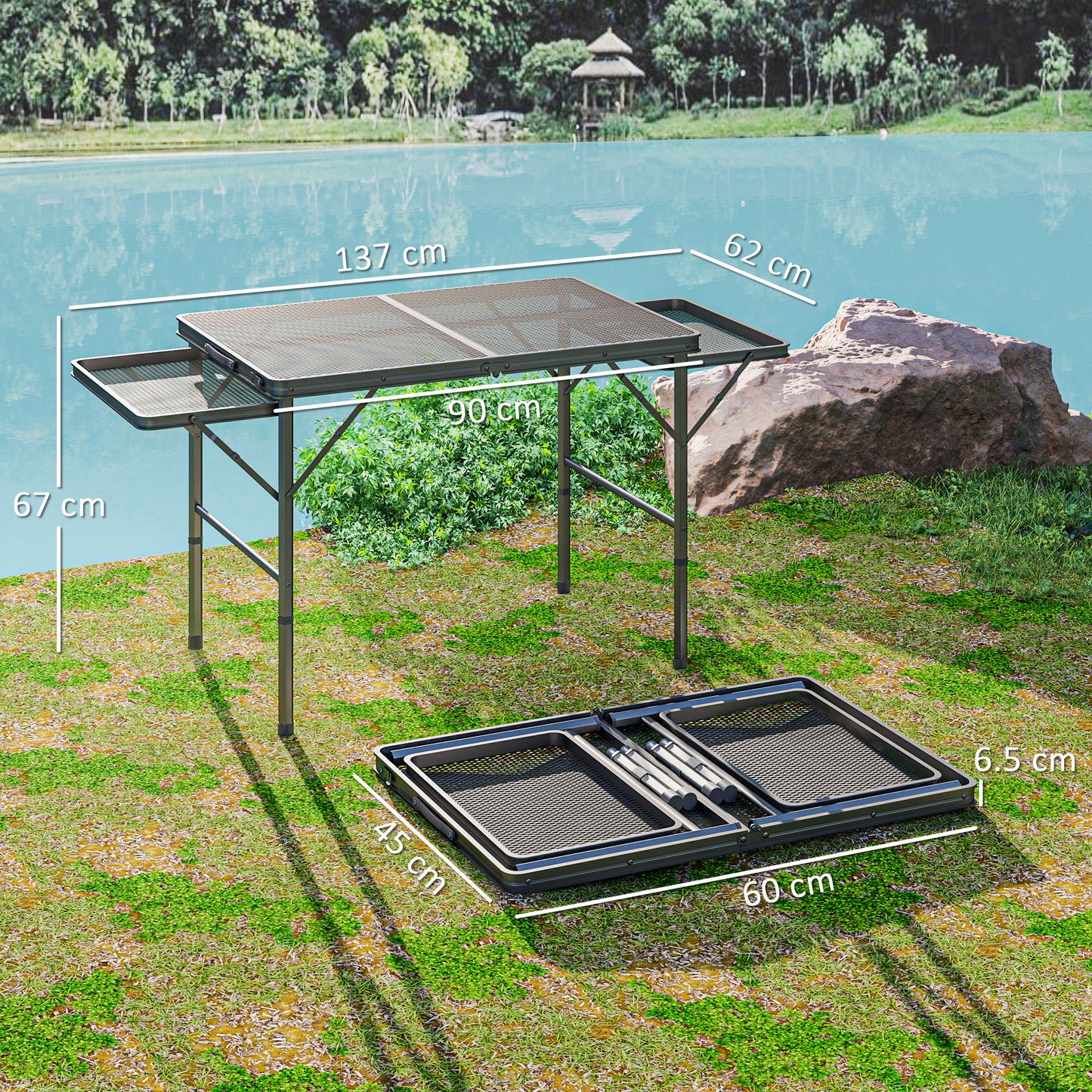 Outsunny Folding Grill Table, 4.5ft Portable Camping Table with 2 Wing Panels, Height Adjustable Metal Picnic Table for BBQ, Black