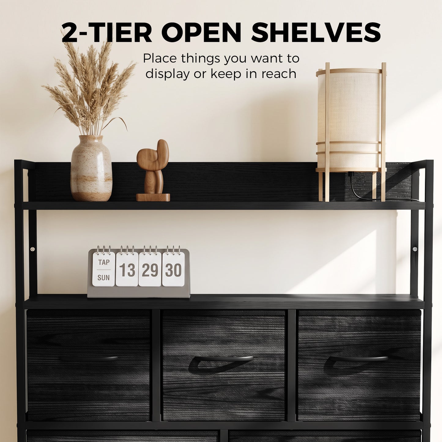 HOMCOM Chest of Drawers, Bedroom Fabric Dresser with 7 Drawers, Storage Organiser Unit with Open Shelves, Black Wood-Effect