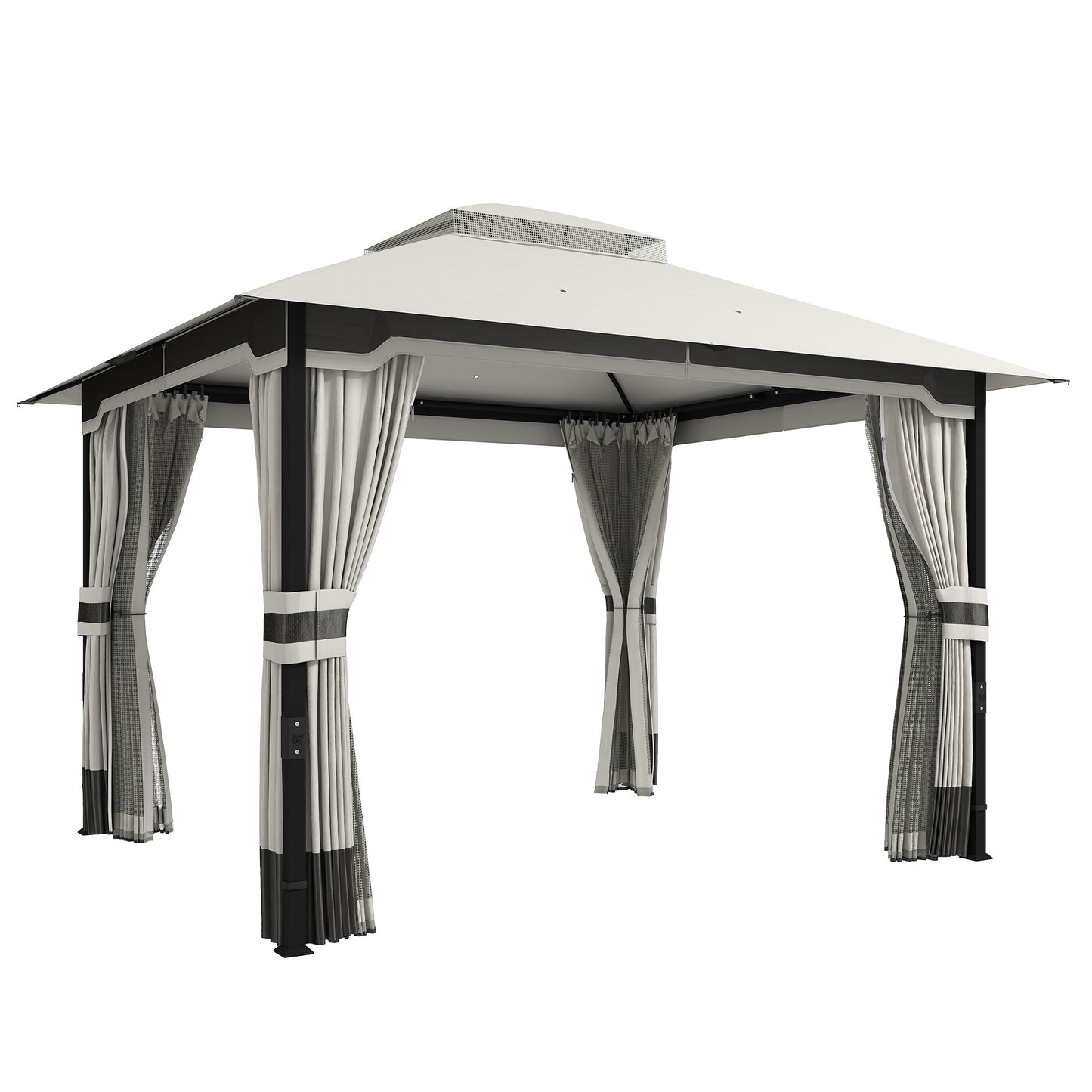 Outsunny 3 x 3.6 m Outdoor Garden Gazebo with Netting and Curtains, Double Roof Patio Gazebo Permanent Pavilion, Light Grey