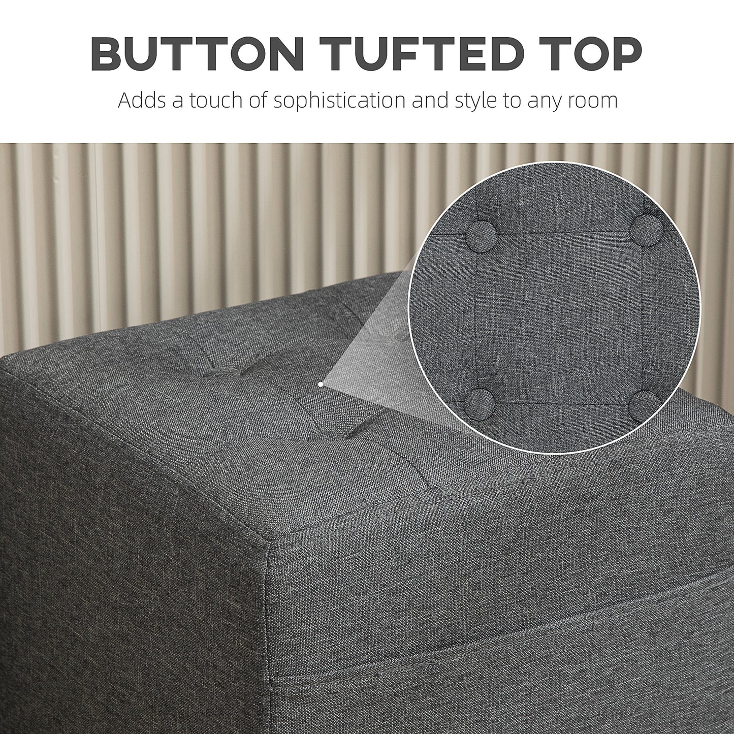 HOMCOM Footstool Ottoman, Linen Fabric with Side Pocket, Rubber Wood Legs, 35x35cm, Grey