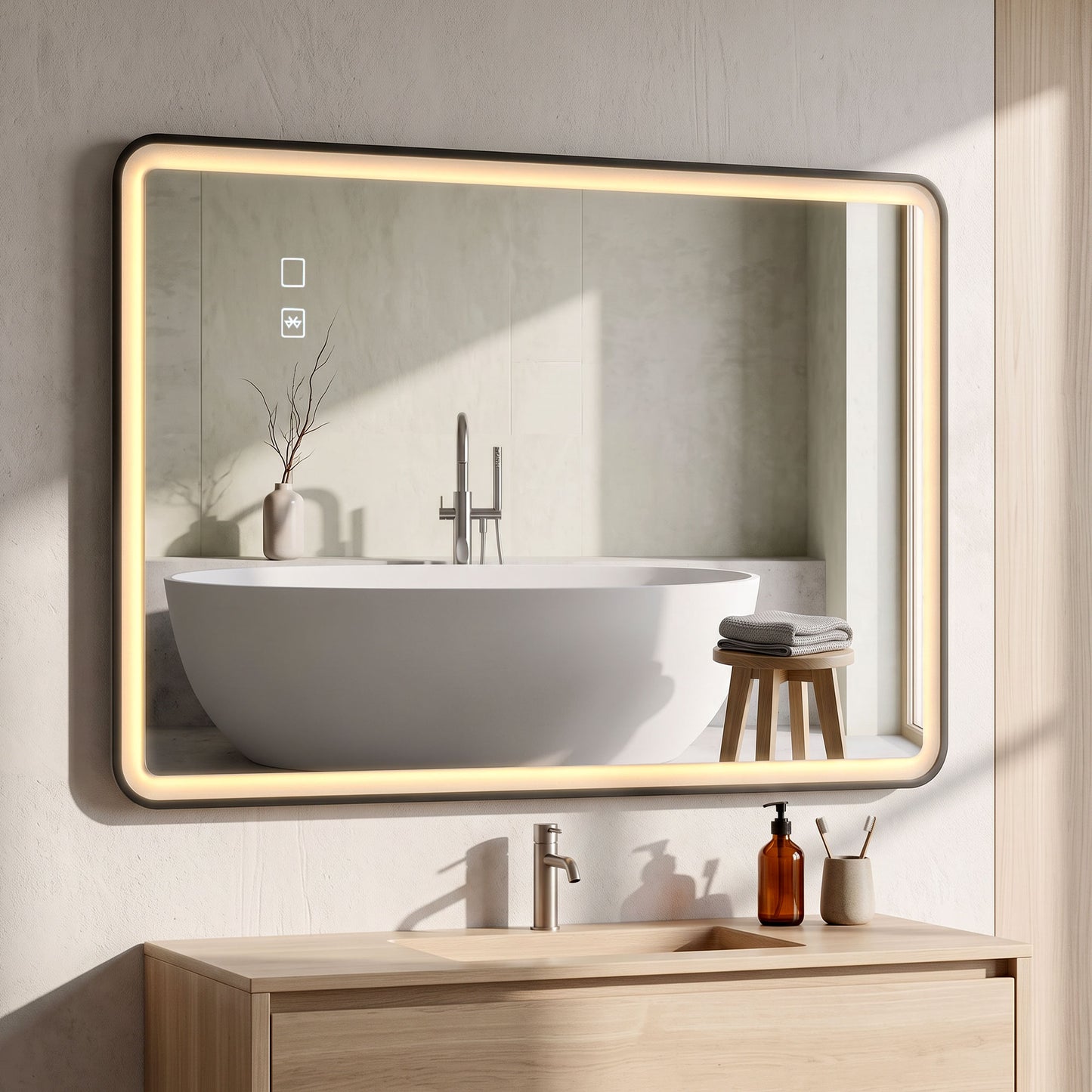 HOMCOM Bathroom Mirror with LED Lights, 100x70cm Rectangle Bathroom Mirror, Dimmable, Bluetooth, Anti-Fog, Black