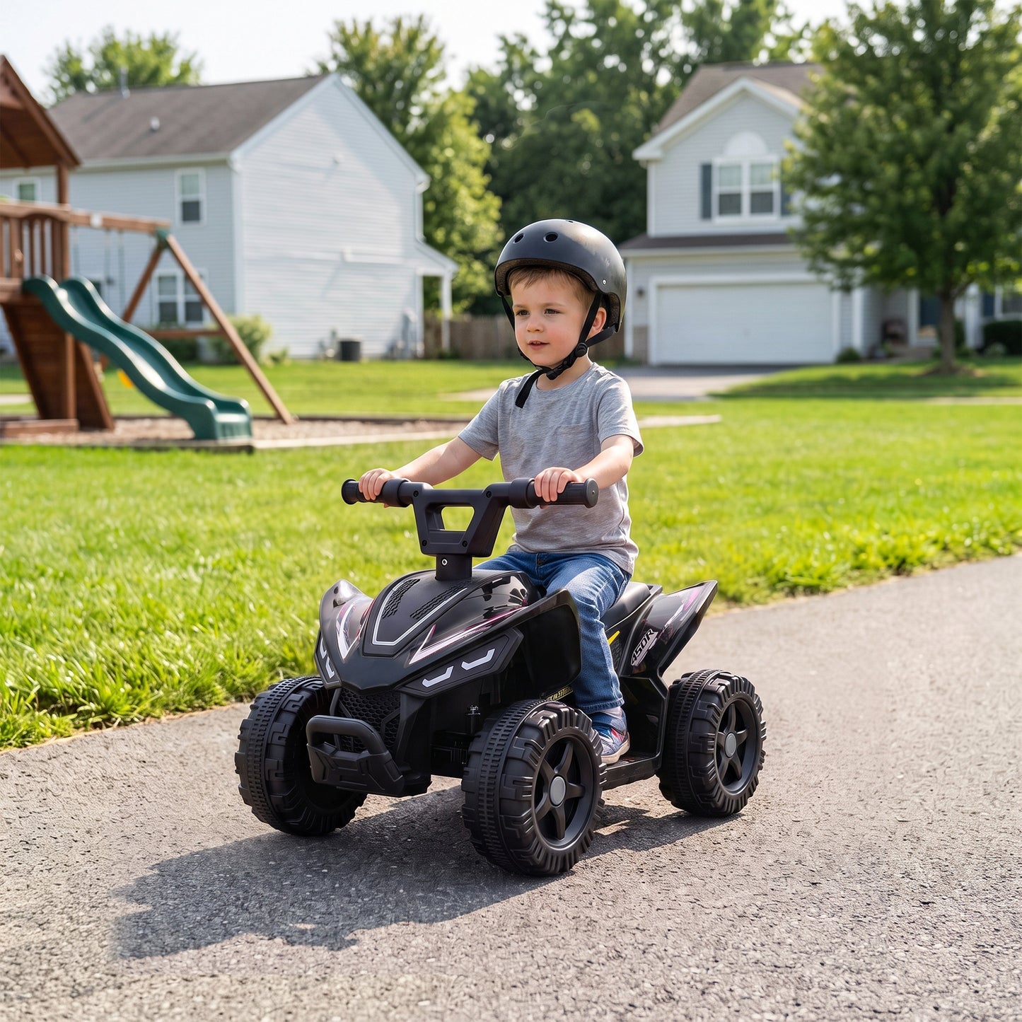 AIYAPLAY 6V Battery Powered Kids ATV, Quad Bike w/ Handlebar Button Control, Max 1.2MPH, Max 55lbs Load, for 18-48 Months, Black