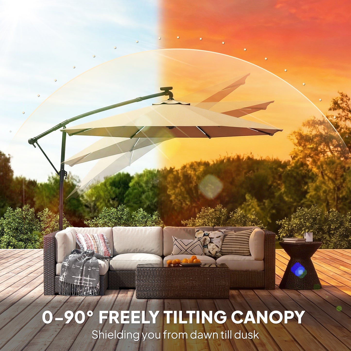 Outsunny 3 m Garden Cantilever Parasol with LED Solar Light, Round Overhanging Umbrella with 360° Rotation, Cover, Khaki