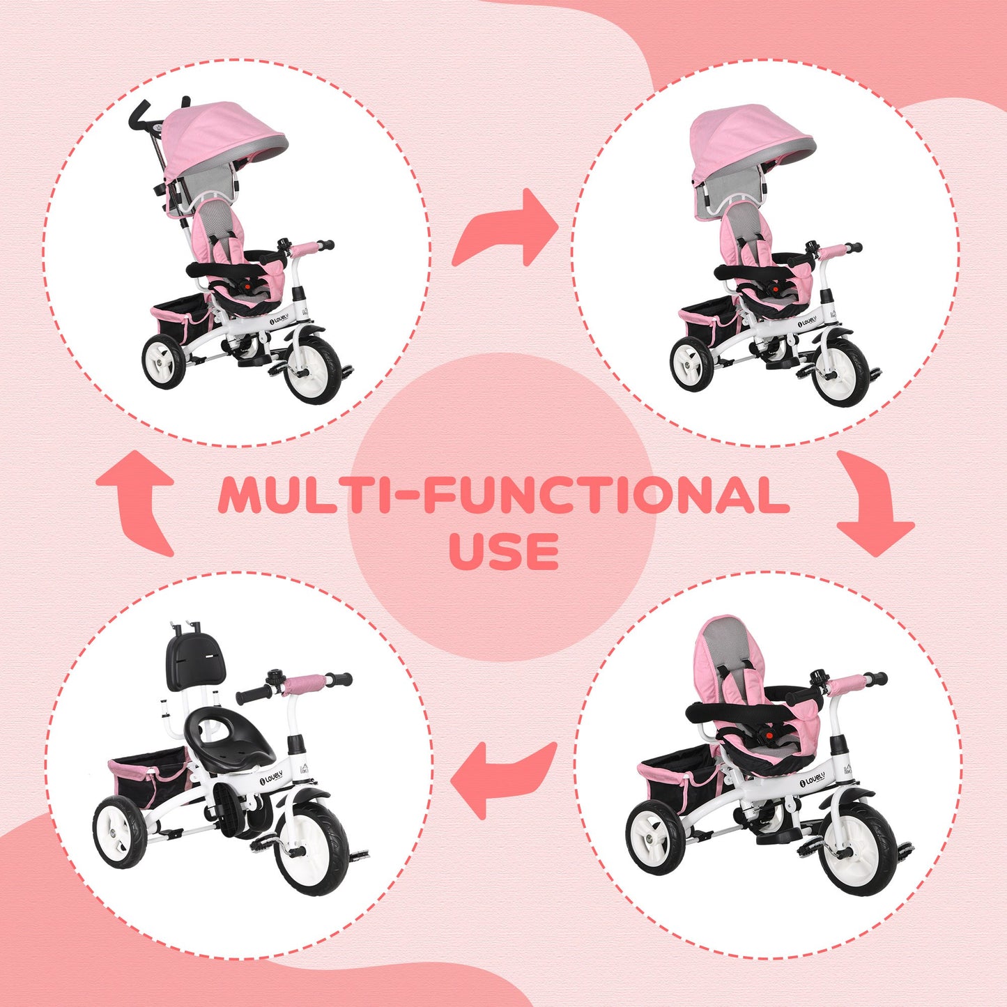 HOMCOM 4 in 1 Kids Trike Push Bike w/ Push Handle 5-point Safety Belt for 1-5 Years Pink