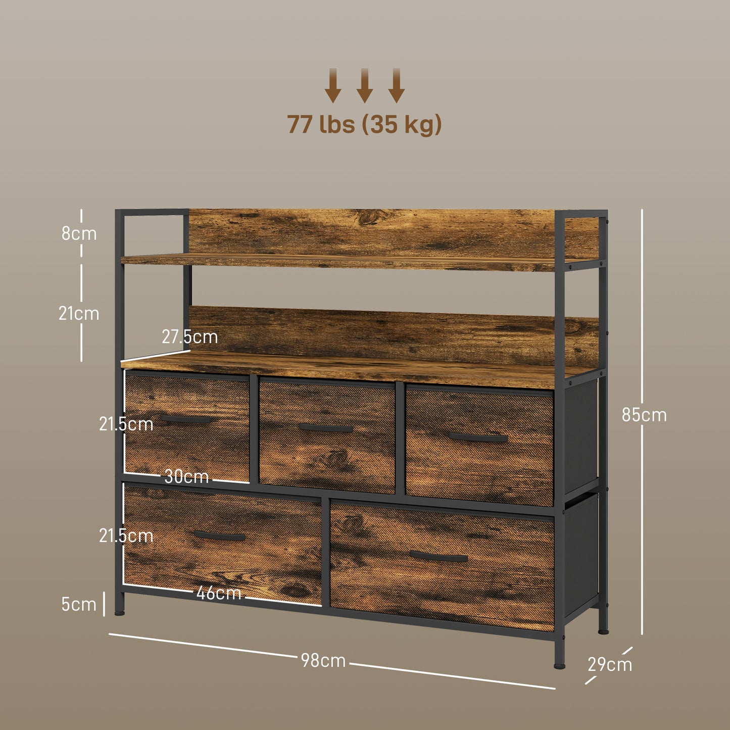 HOMCOM Rustic Chest of Five Fabric Drawers - Brown Wood Effect