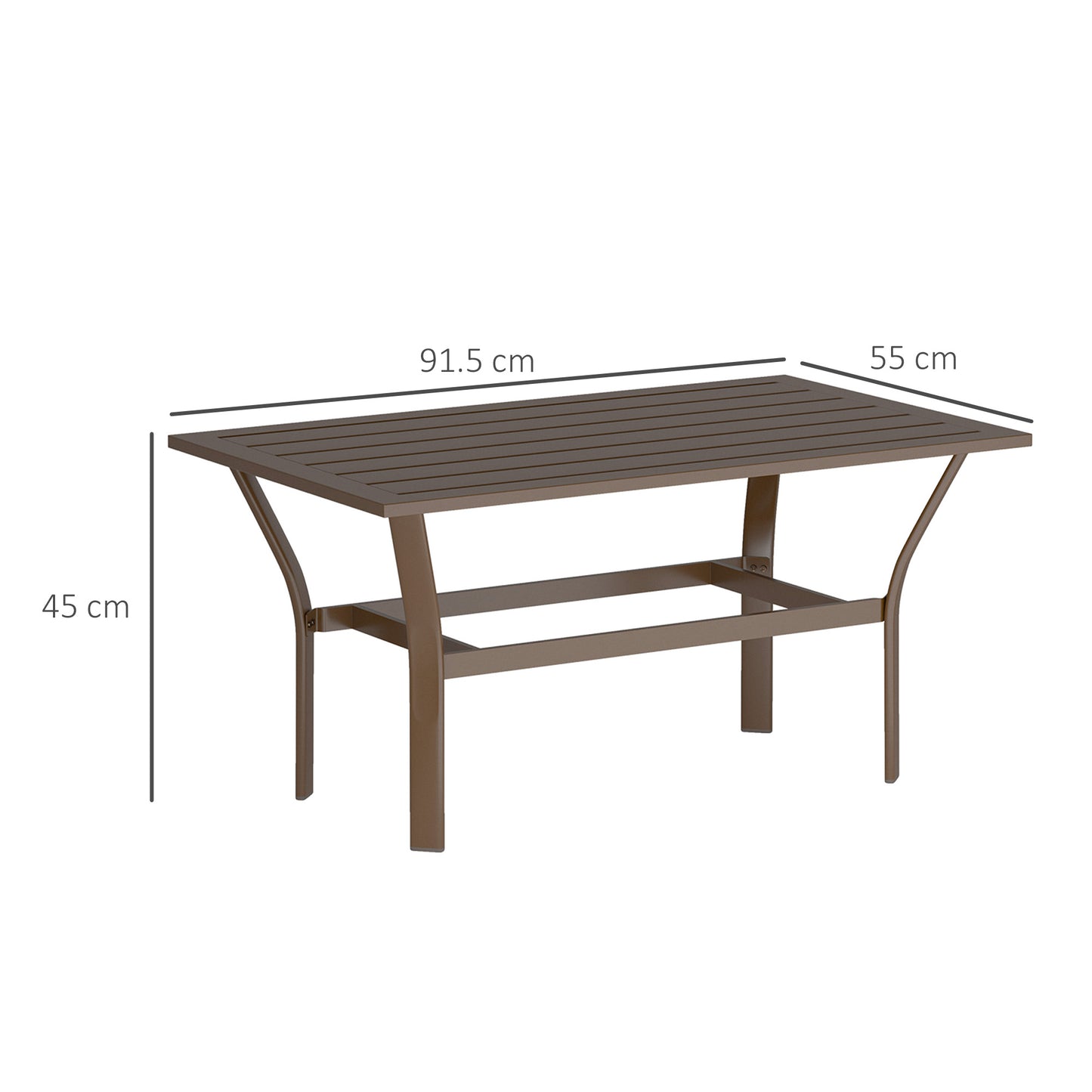 Outsunny Metal Garden Coffee Table, Rectangular Outdoor Side Table with Slatted Tabletop and Foot Pads for Garden or Porch, Brown