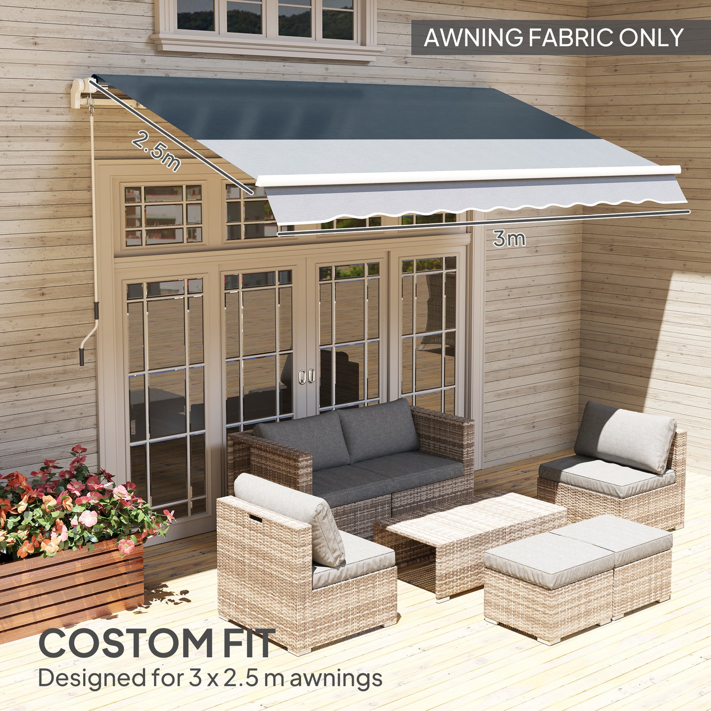 Outsunny Awning Replacement Canopy, UPF 50+ Awning Fabric, Water Resistant Sun Shade Cover for 3 x 2.5 m Garden Awning (Fabric Only), Grey