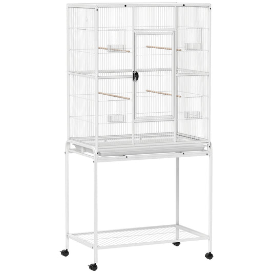 PawHut Large Bird Cage Budgie Cage with Stand, Storage Shelf, Wood Perch for Parrot, 81 x 48 x 162.5 cm, White