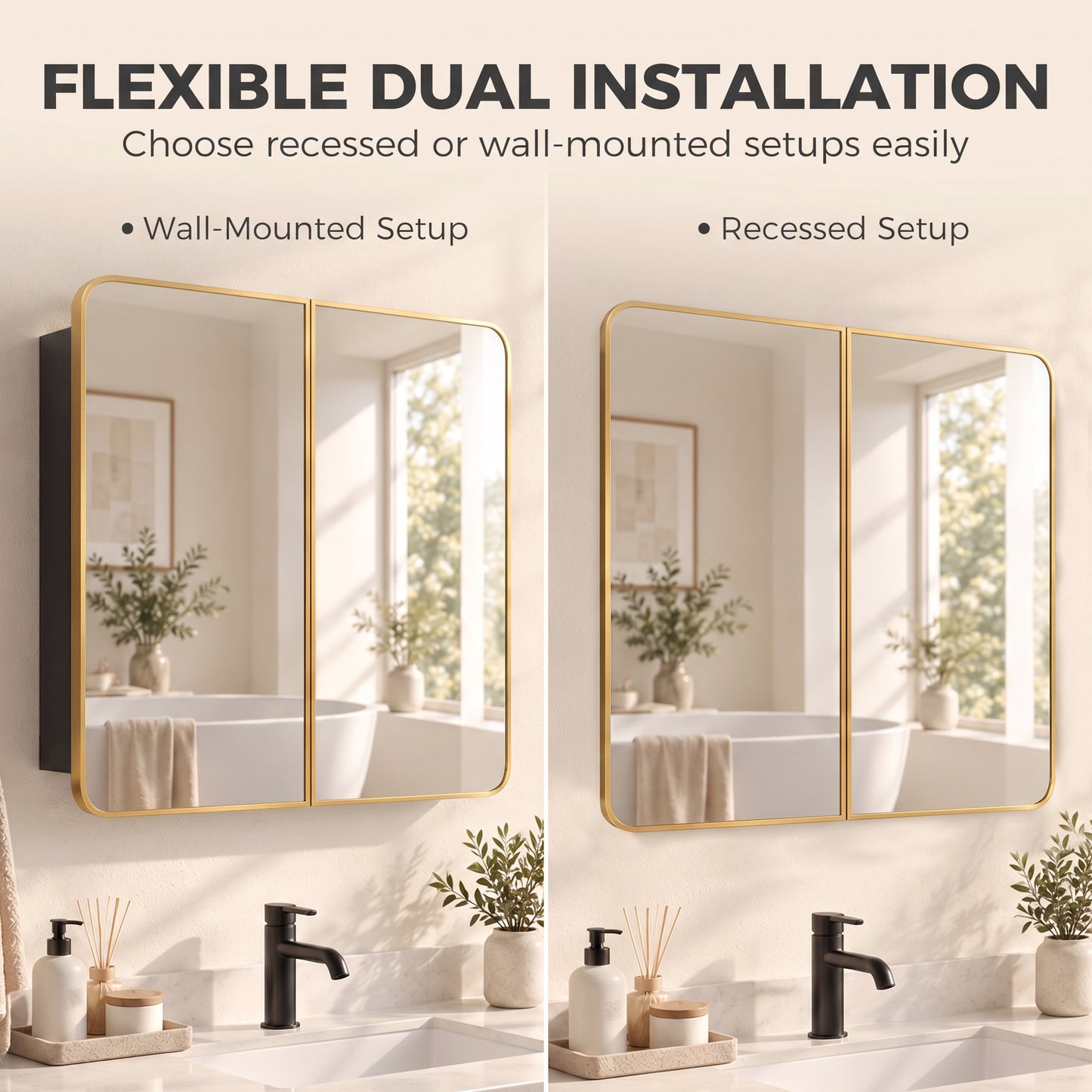 HOMCOM 76.2 x 11.6 x 61 cm Bathroom Mirror Cabinet, Wall Cabinet with Adjustable Shelves, Wall-Mounted or Recessed, Gold Tone