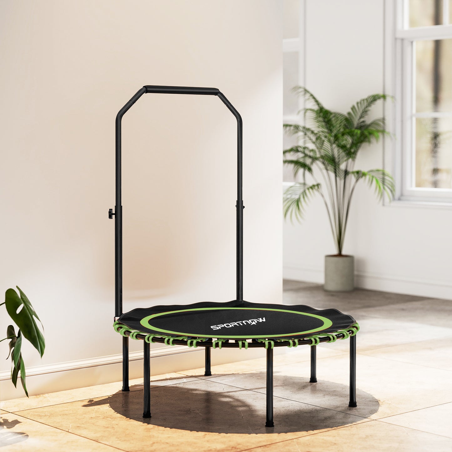 SPORTNOW 40'' Foldable Fitness Trampoline, Mini Rebounder with 5-Level Adjustable Handle for Adults Indoor/Outdoor Exercise, Green