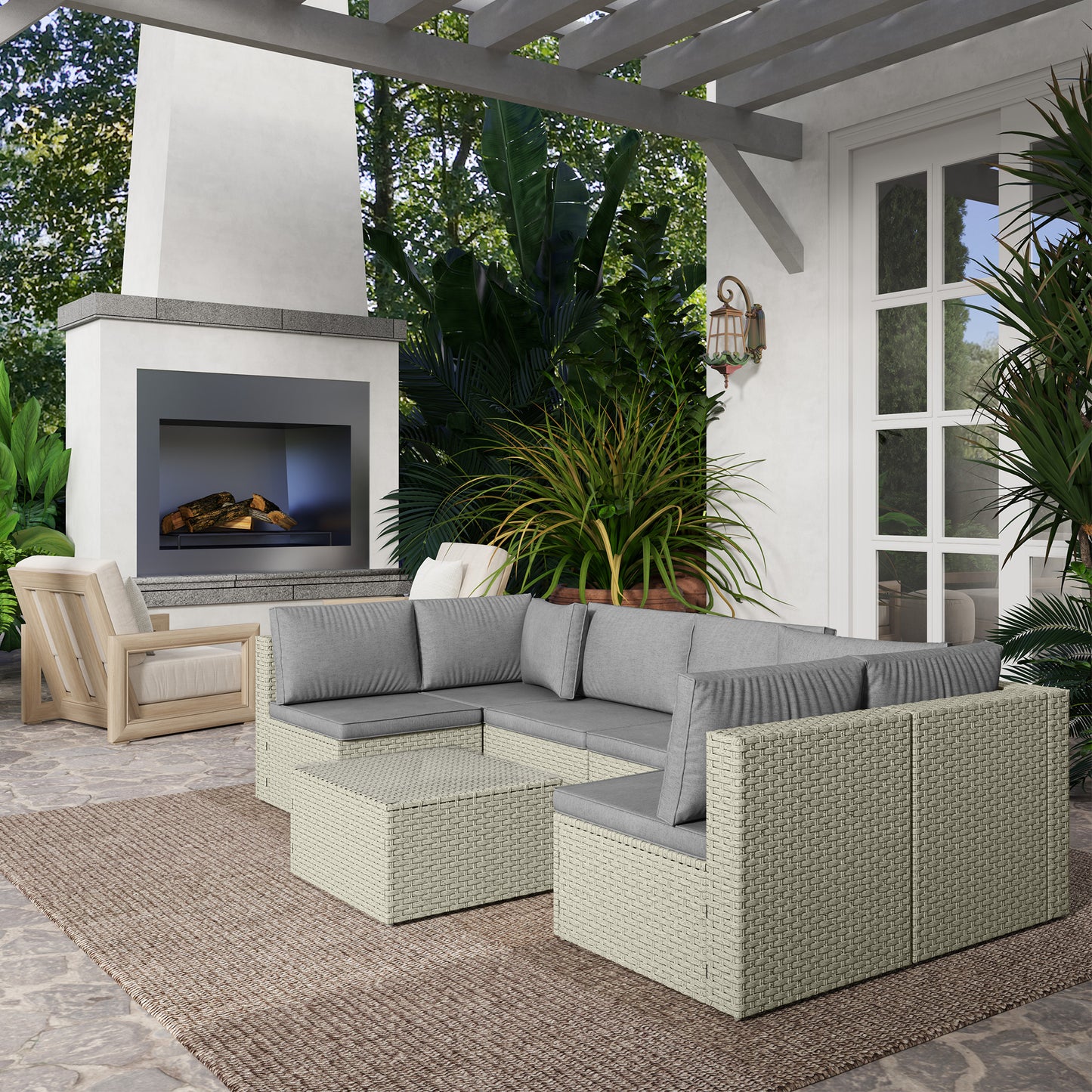 Outsunny 7-Piece Rattan Garden Furniture Set, 6-Seater Corner Sofa, Cushions, Glass Table, Outdoor Sectional for Patio, Light Brown
