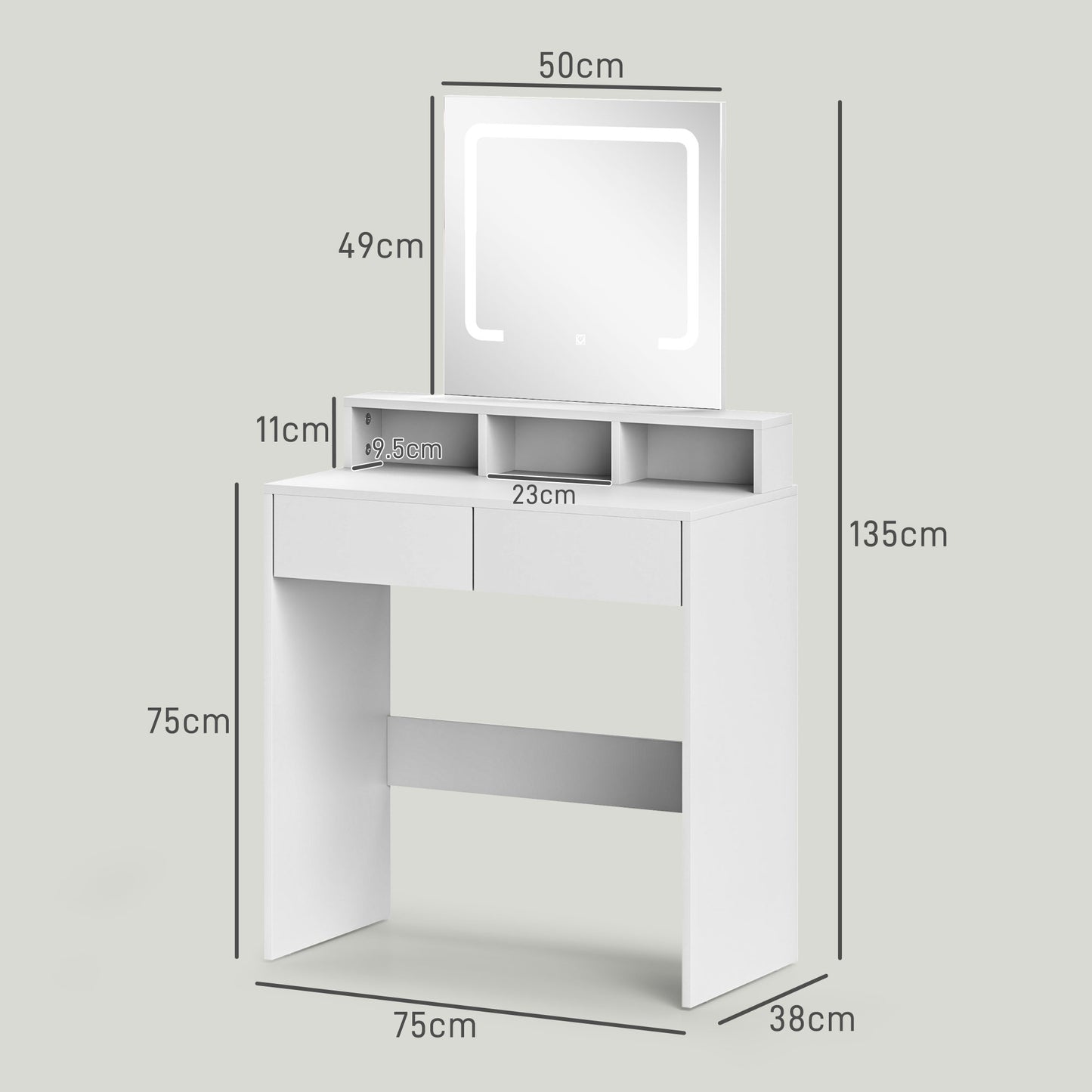 HOMCOM Dressing Table with Mirror and LED Lights, Vanity Table with 2 Drawers, 3 Compartments