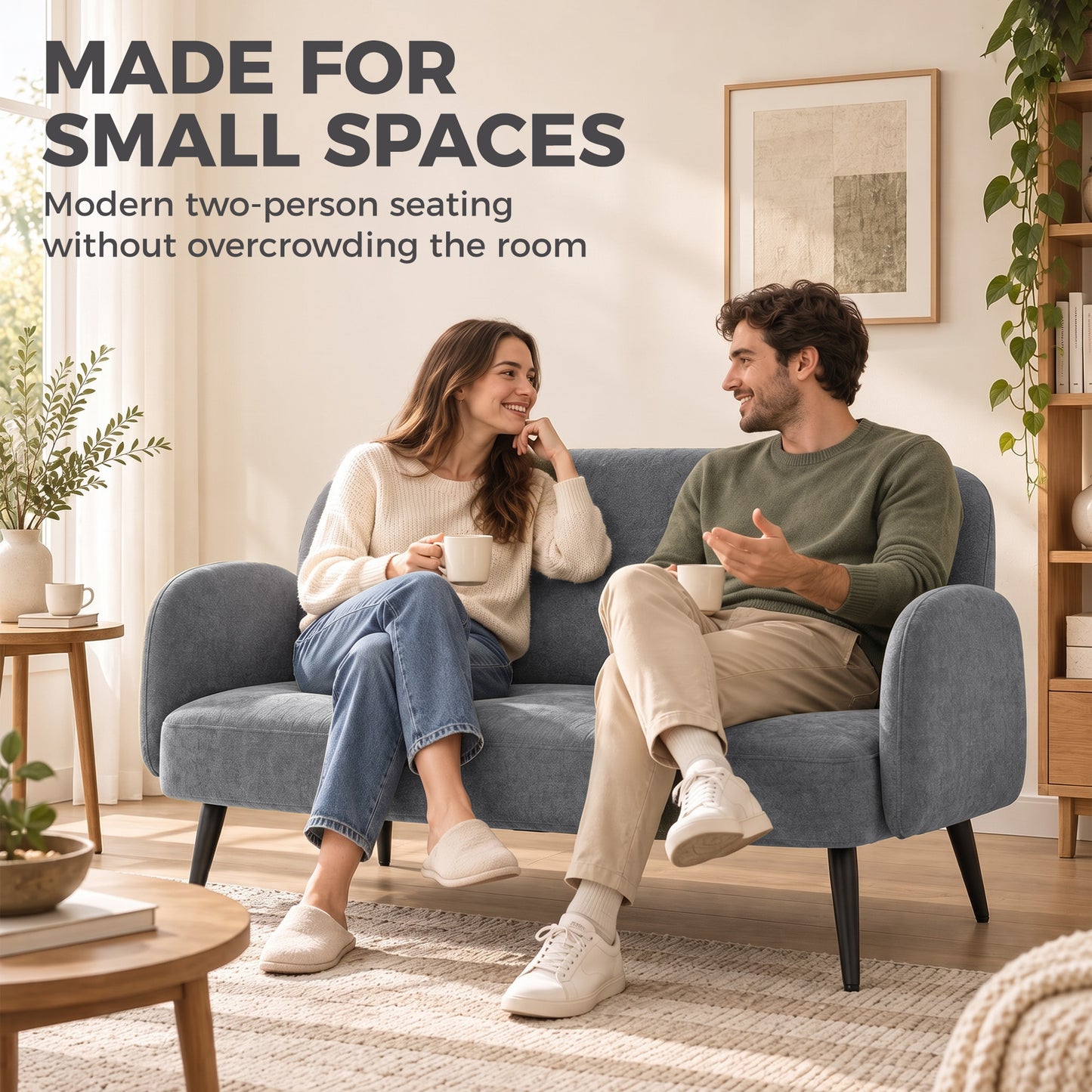 HOMCOM 132cm 2 Seater Sofa, Velvet Comfy Small Sofa Couch with Wide Seat, Thick Padding, Tapered Metal Legs, Light Grey