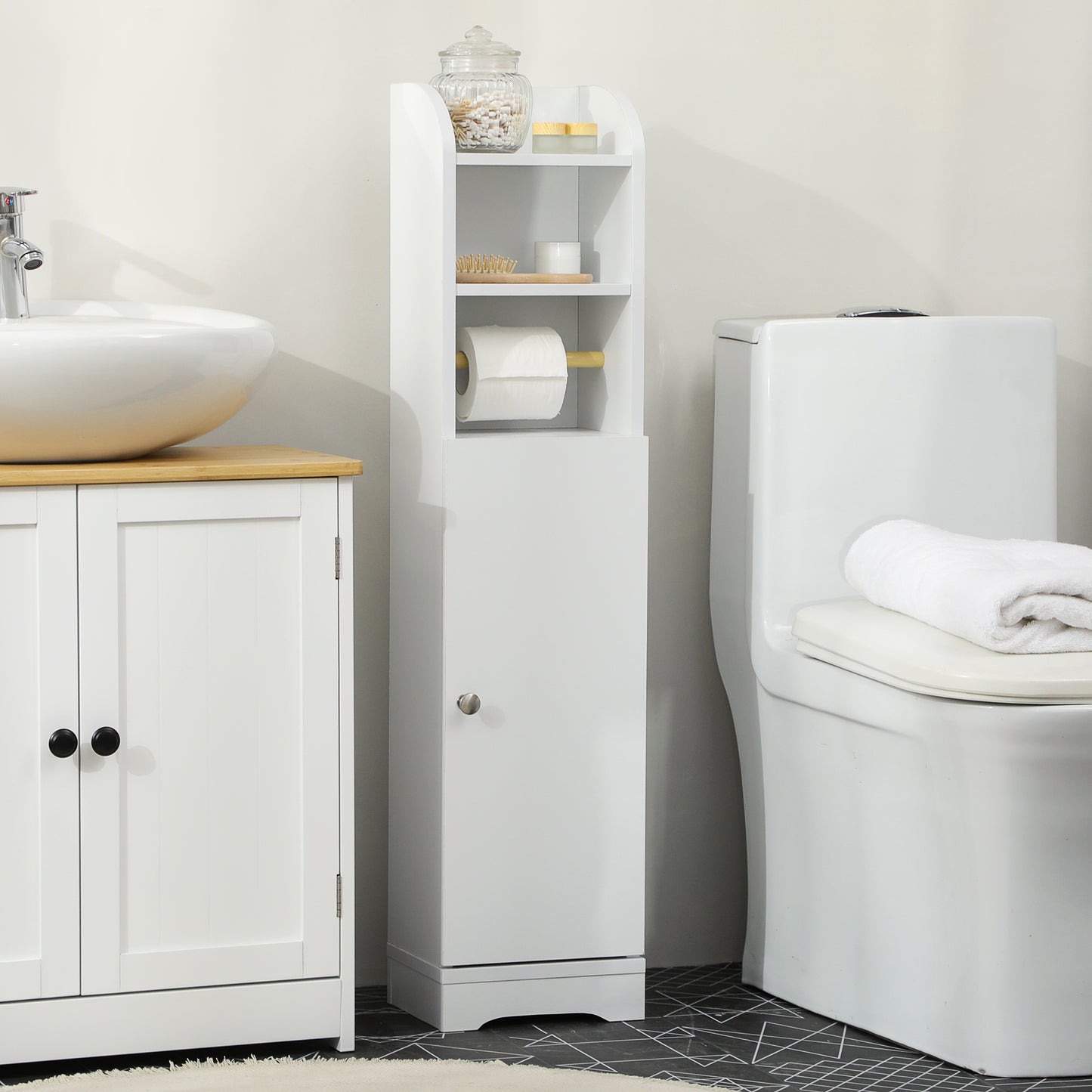 kleankin Slim Bathroom Storage Cabinet, 2 Open Shelves & Toilet Paper Holder, Freestanding with Adjustable Shelf, 23x18x100 cm, White
