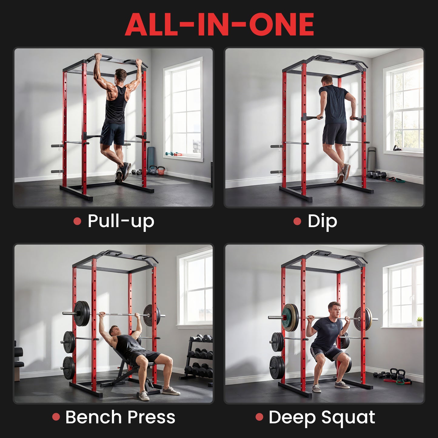 SPORTNOW Power Tower, Adjustable Squat Rack with Pull-Up Bar, Dip Station & Safety Arms for Home Gym Strength Training
