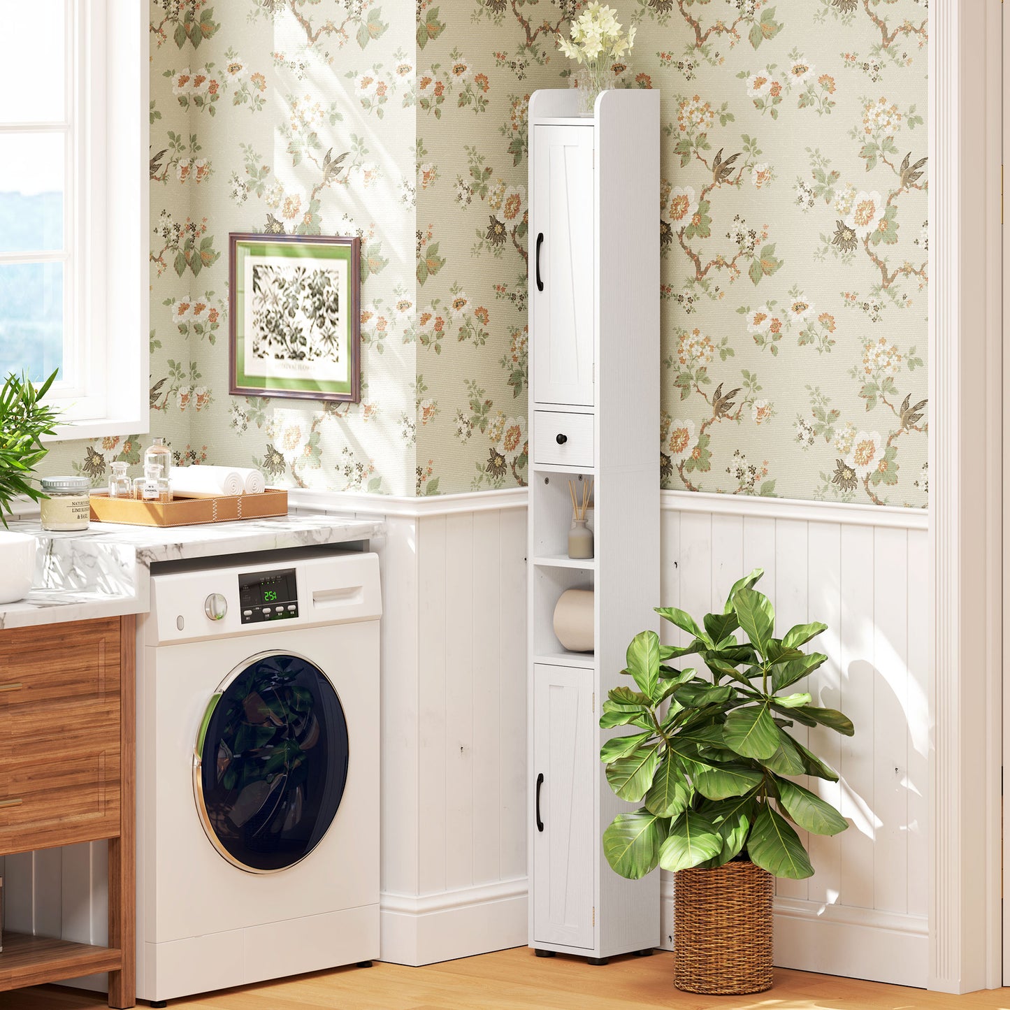 HOMCOM Tall Bathroom Cabinet, Slim Farmhouse Storage with Barn Doors, Toilet Paper Holder, Drawer & Adjustable Shelves, 185cm, White