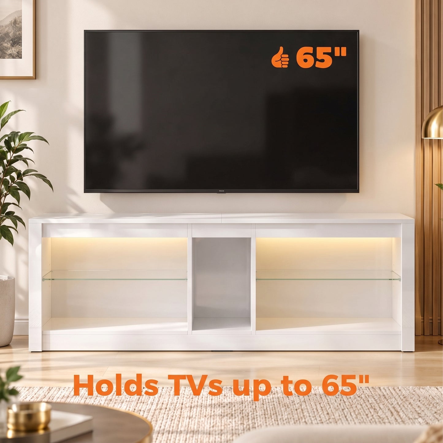 HOMCOM TV Stand Cabinet with LED Lights and Remote Control for TVs up to 65", Entertainment Centre with Storage Shelves, White