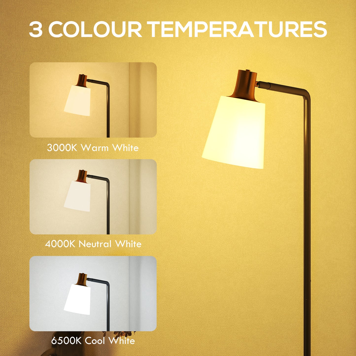 HOMCOM Floor Lamp with 350° Rotatable Head, Modern Standing Lamp with 3000K/4000K/6500K Colour Temperatures, Black