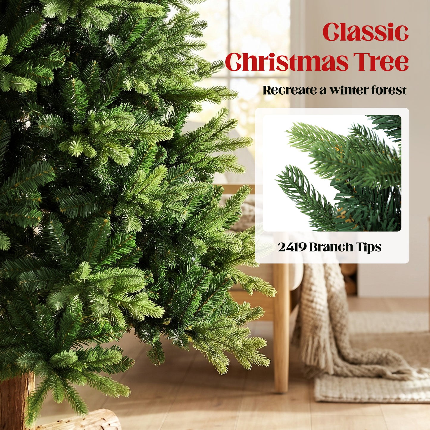 HOMCOM Artificial Christmas Tree, Hinged Xmas Tree with 2419 PE & PVC Branch Tips, 6ft, Green