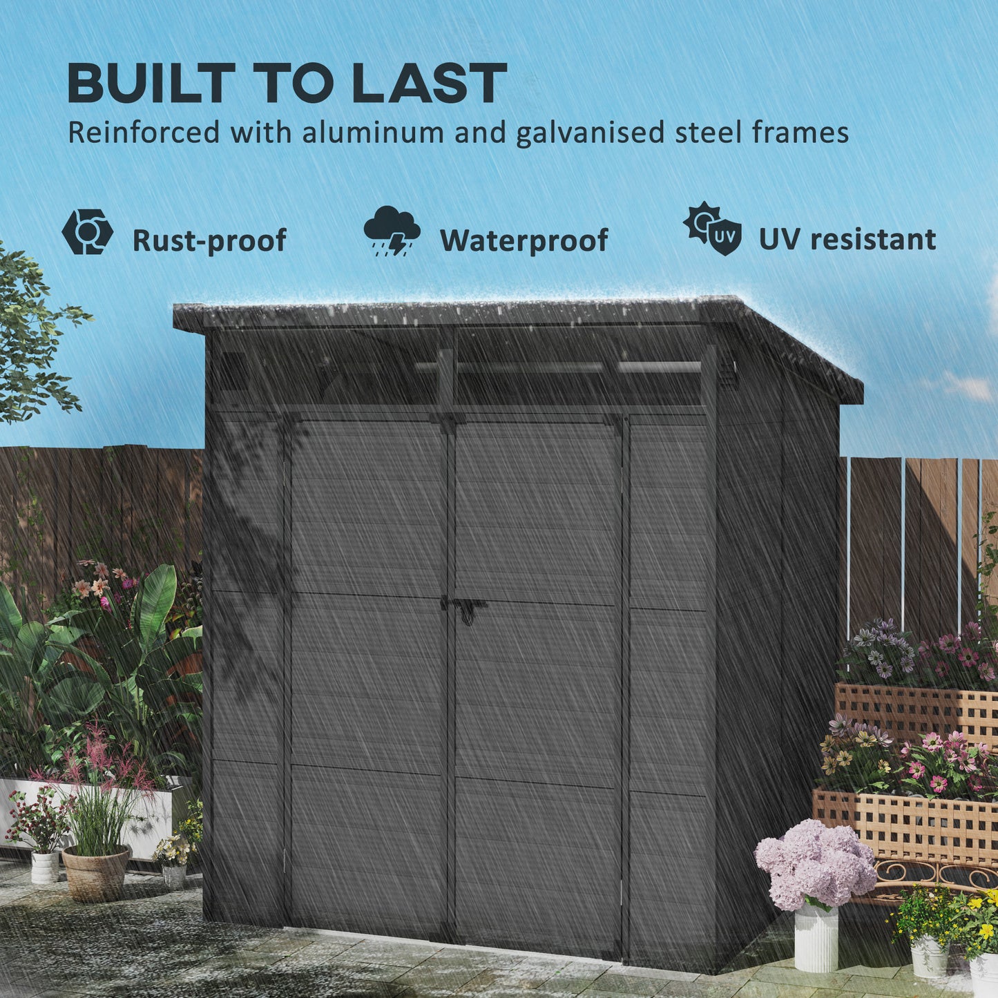 Outsunny 6x6ft Outdoor Storage Shed, Plastic Garden Shed w/ Windows, Air Vents & Latch Doors, Dark Grey
