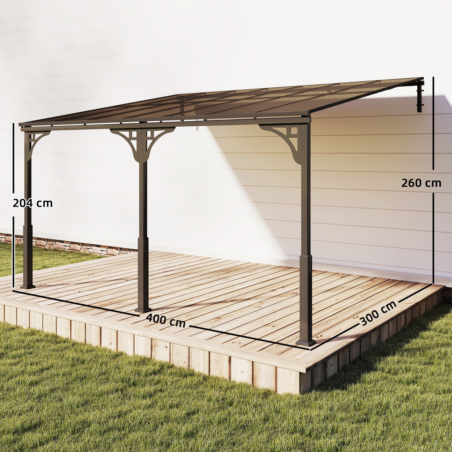 Outsunny 4 x 3 m Metal Lean-to Pergola, Wall-Mounted Garden Pergola and Metal-Aluminium Frame, Heavy Duty Hardtop Gazebo for Outdoor Patios, BBQ, Brown