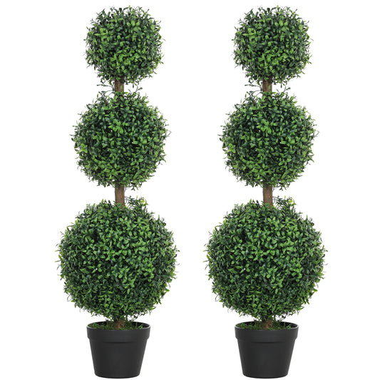 HOMCOM Set of 2 Decorative Artificial Plants, Topiary Ball-shaped Boxwood Trees in Pot, Green