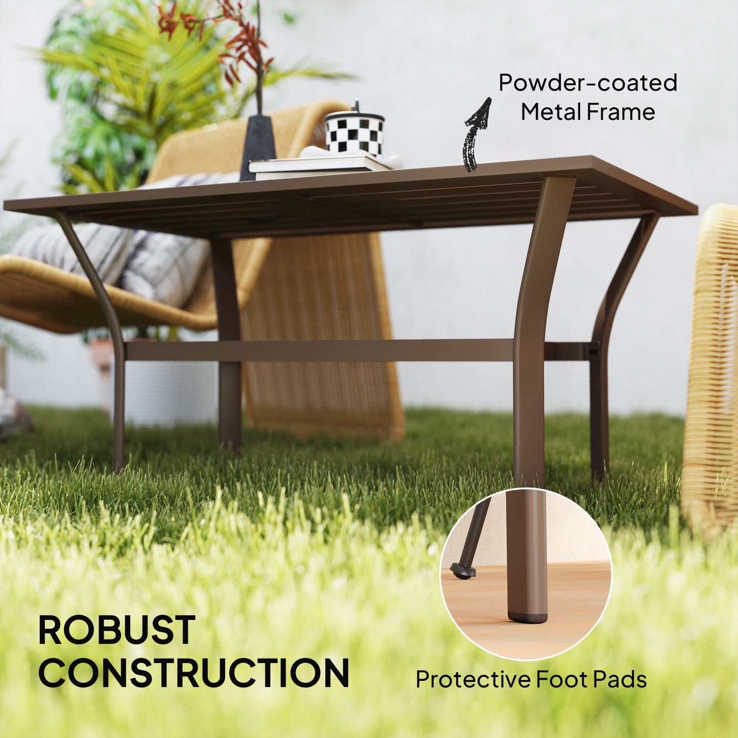 Outsunny Metal Garden Coffee Table, Rectangular Outdoor Side Table with Slatted Tabletop and Foot Pads for Garden or Porch, Brown