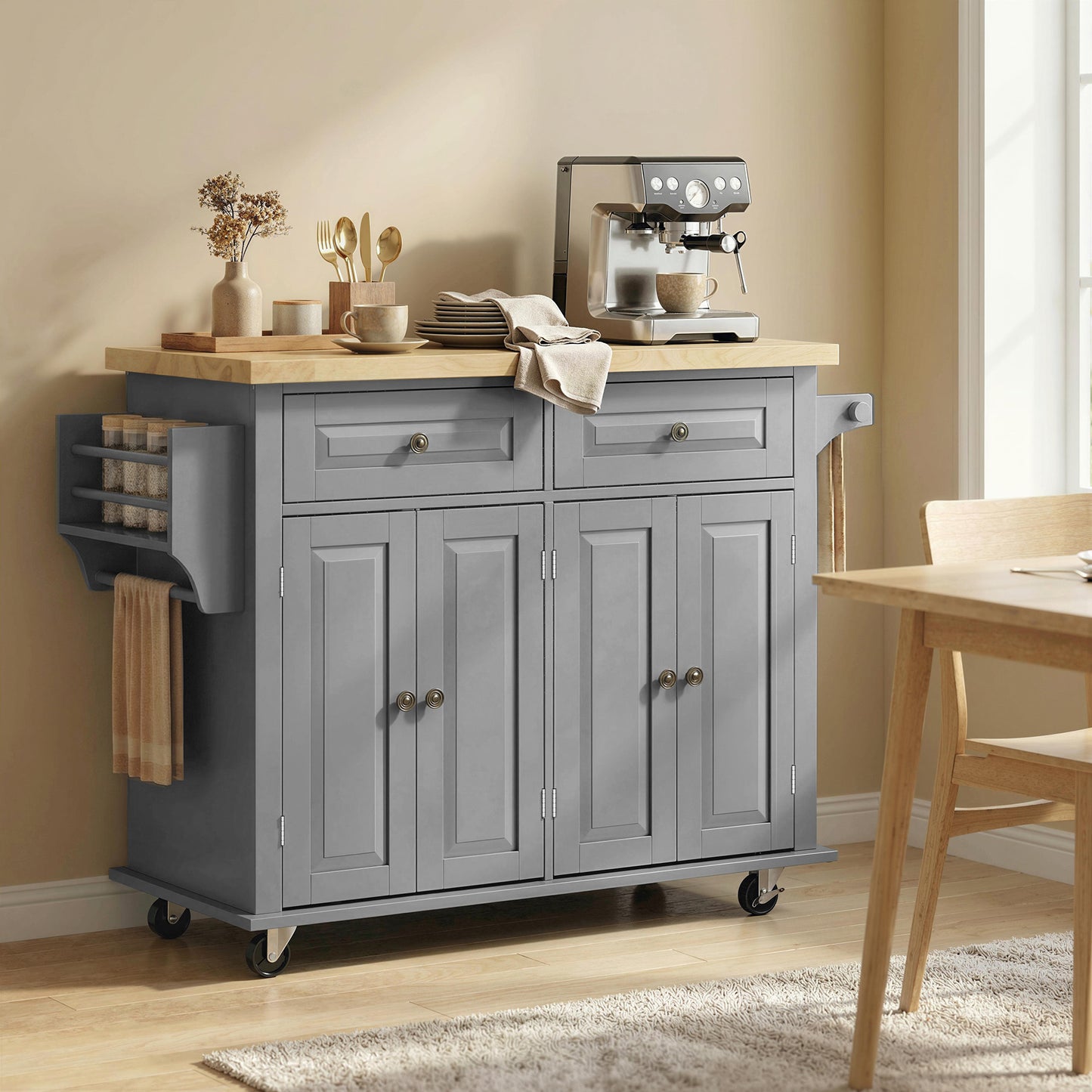 HOMCOM Kitchen Island on Wheels, Rolling Kitchen Trolley with Rubberwood Top, 2 Drawers, Adjustable Shelves, Grey