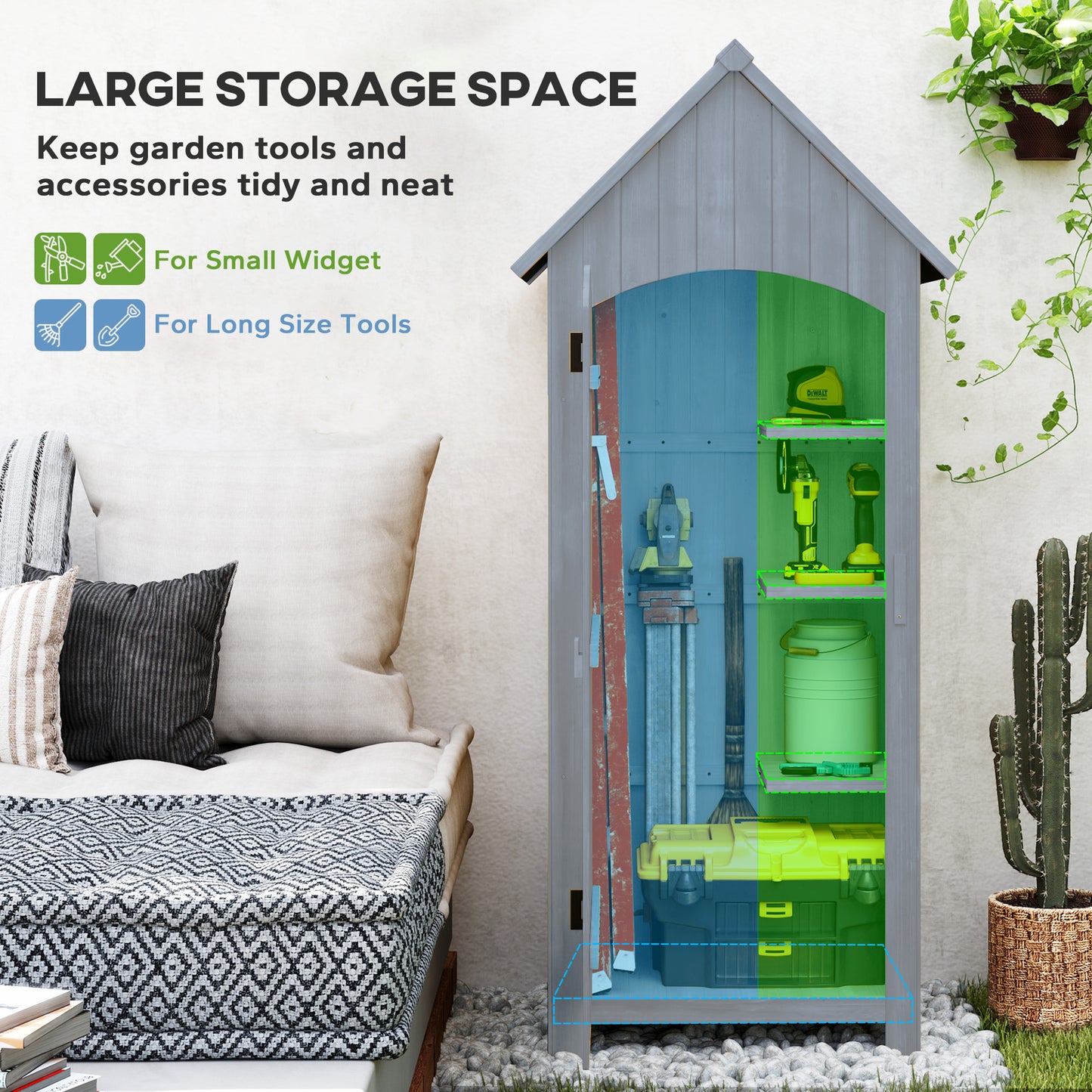 Outsunny Wooden Garden Storage Shed with 3 Shelves, Outdoor Tool Cabinet with Tilt Roof & Lockable Door, 77.5 x 54.2 x 179.5 cm, Grey