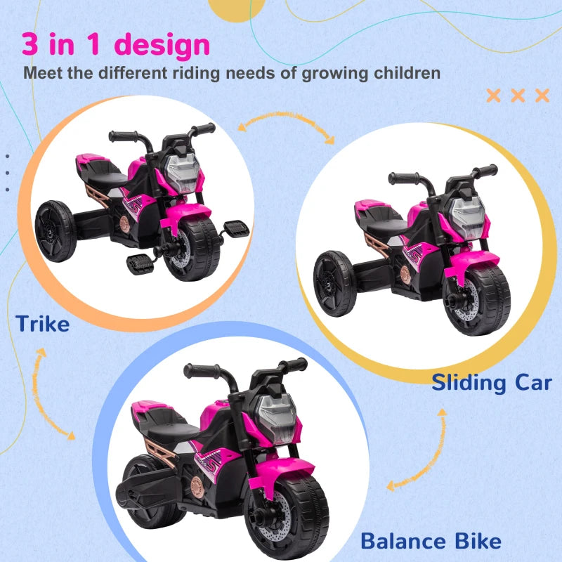 AIYAPLAY Motorcycle Design, 3 in 1 Toddler Trike, Sliding Car, Balance Bike with Headlight, Music, Horn, Pink