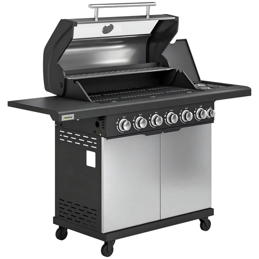 Outsunny 6+1 Burner Gas BBQ Grill, Outdoor Barbecue Trolley with Wheels, Warming Rack, Thermometer, Bottle Opener, Silver Tone