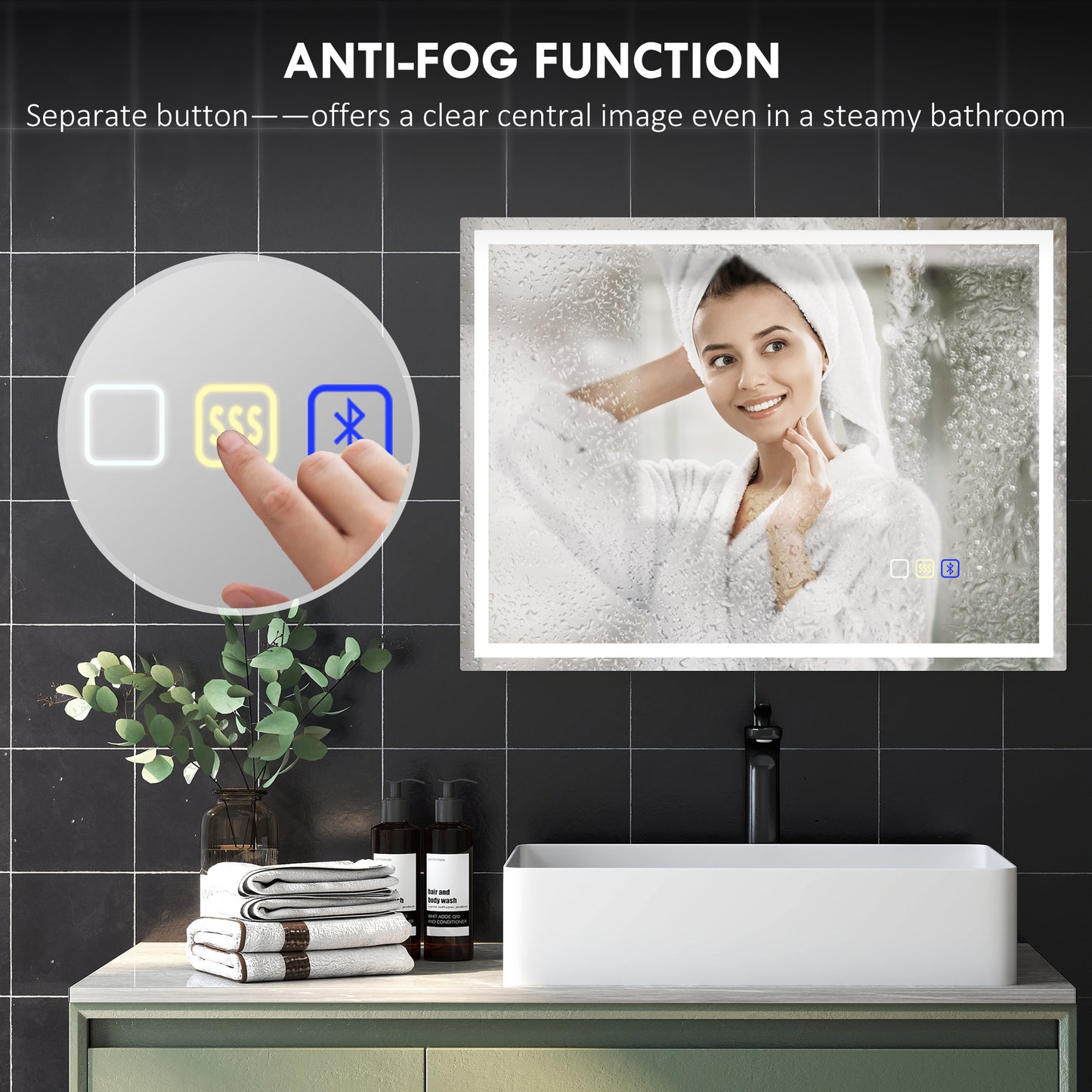 HOMCOM 60 x 80 cm Bluetooth LED Bathroom Mirror with Demister Pad - Silver Tone