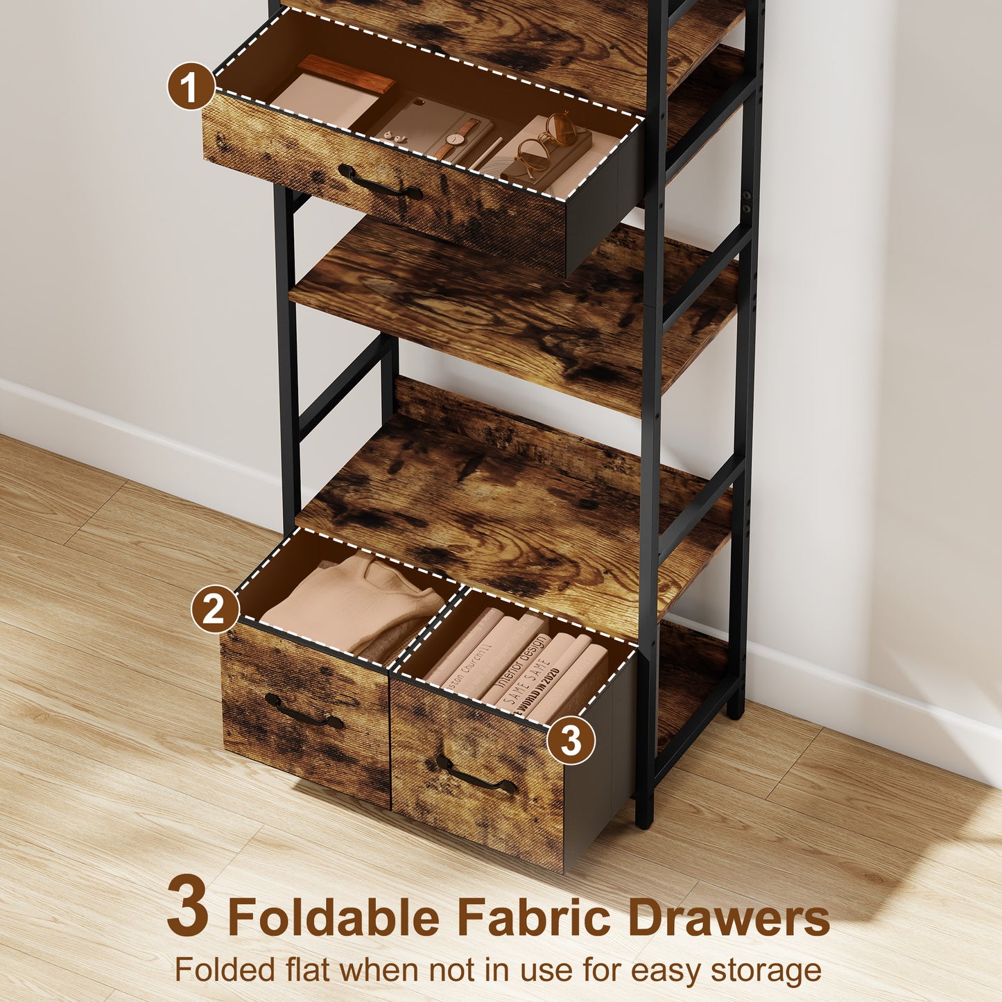 HOMCOM Industrial Bookcase, 6-Tier Tall Bookshelf with 3 Fabric Drawers - Rustic Brown
