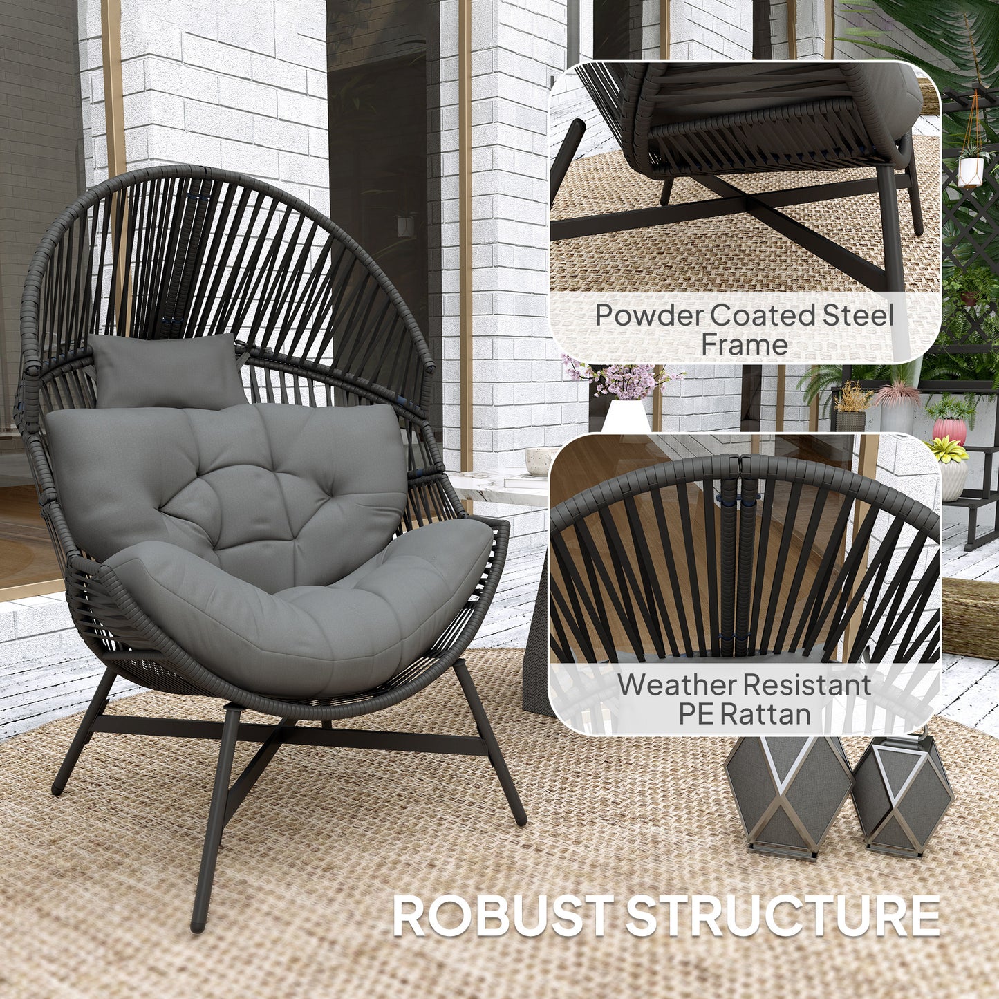 Outsunny Rattan Egg Chair, Oversized Freestanding Garden Chair with Cushion, Headrest, Steel Frame for Indoor/Outdoor Use, Charcoal Grey