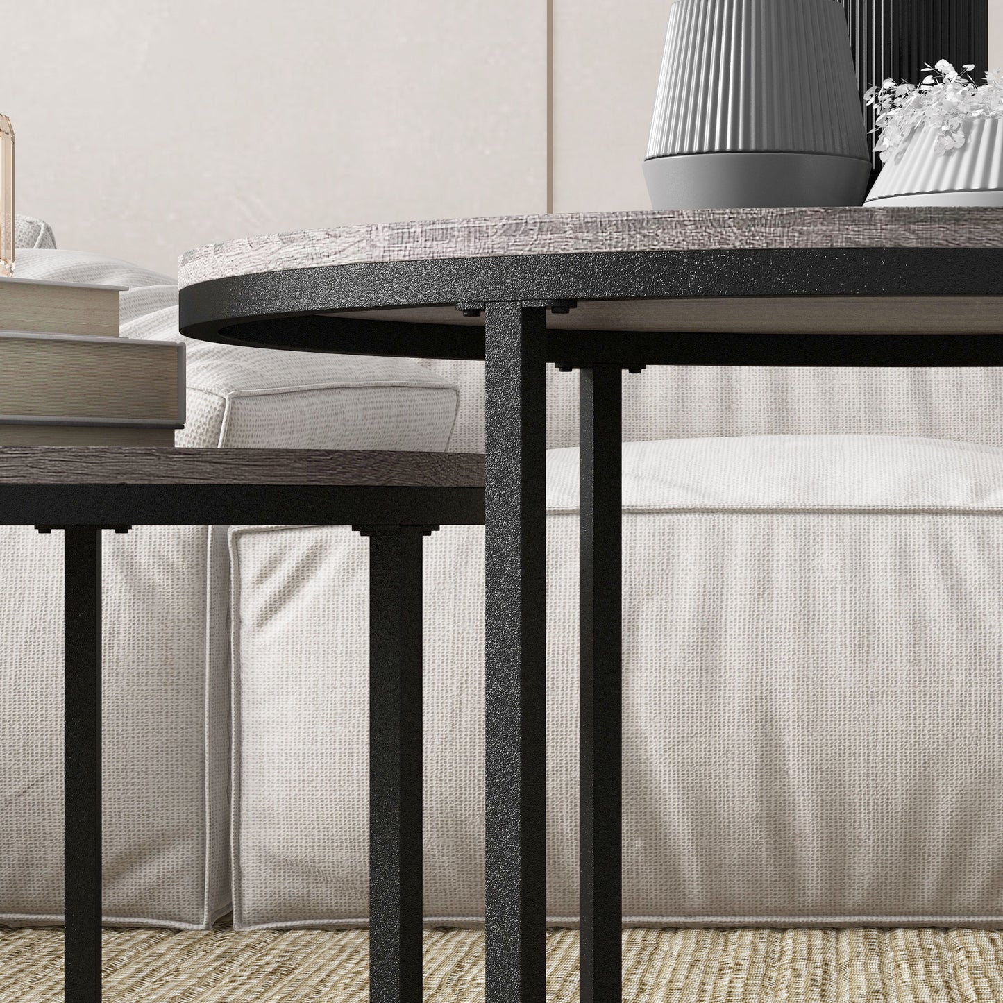 HOMCOM Two Piece Nesting Coffee Tables - Wood Effect/Black