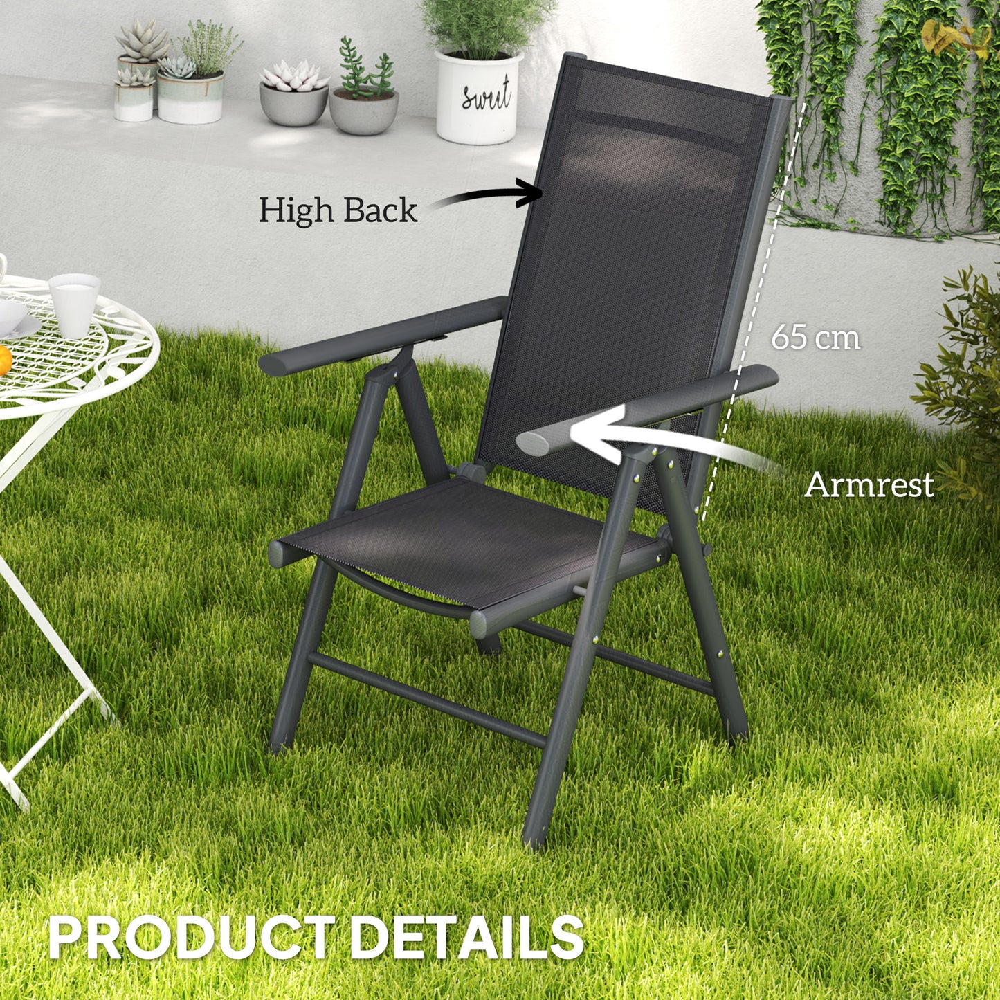 Outsunny 2 Folding Chairs, Aluminium Frame, Breathable Mesh for Garden/Patio, Dark Grey