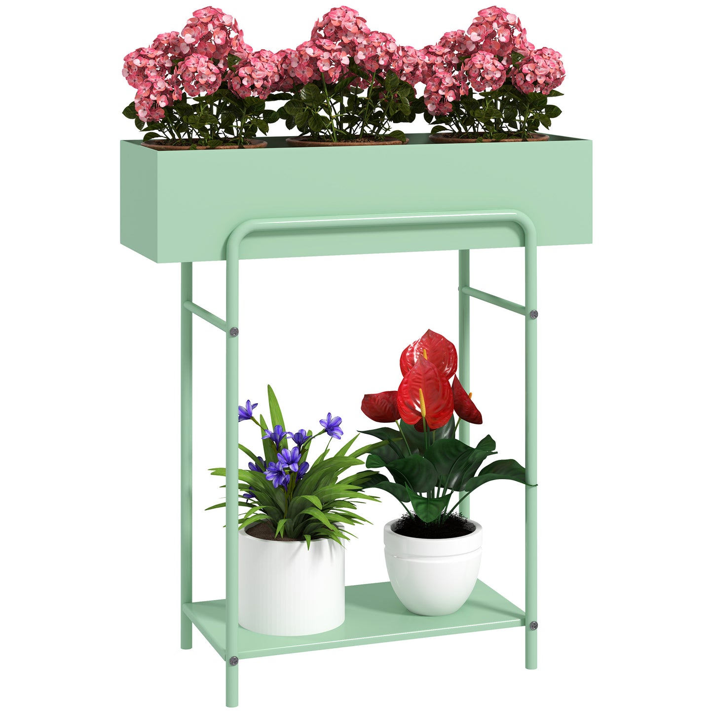 Outsunny 2 Tier Metal Plant Stand, Floor-standing Flower Pot Rack with Drain Holes for Indoor/Outdoor Use, Green