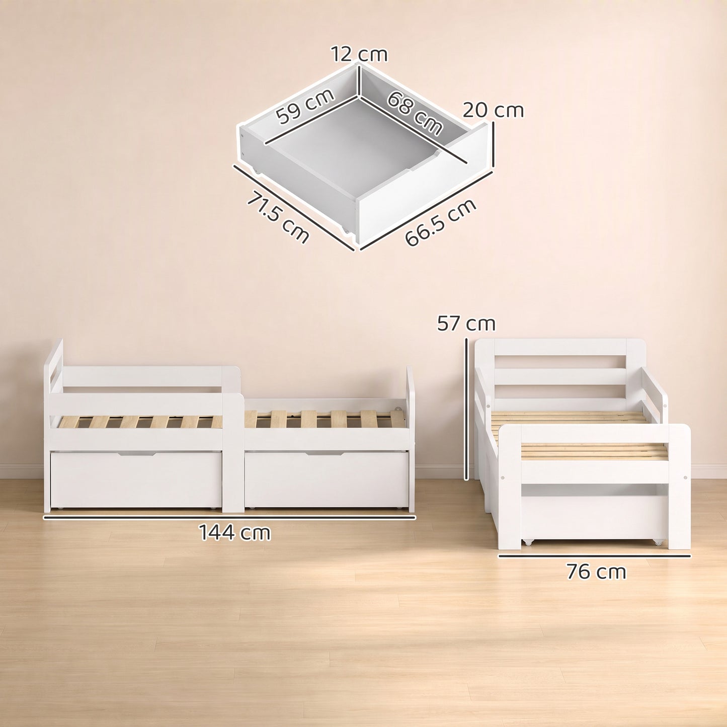 AIYAPLAY Wooden Kids Bed Frame with 2 Storage Drawers and Guard Rails for Ages 4-14, 144 x 76 x 57 cm (No Mattress), White