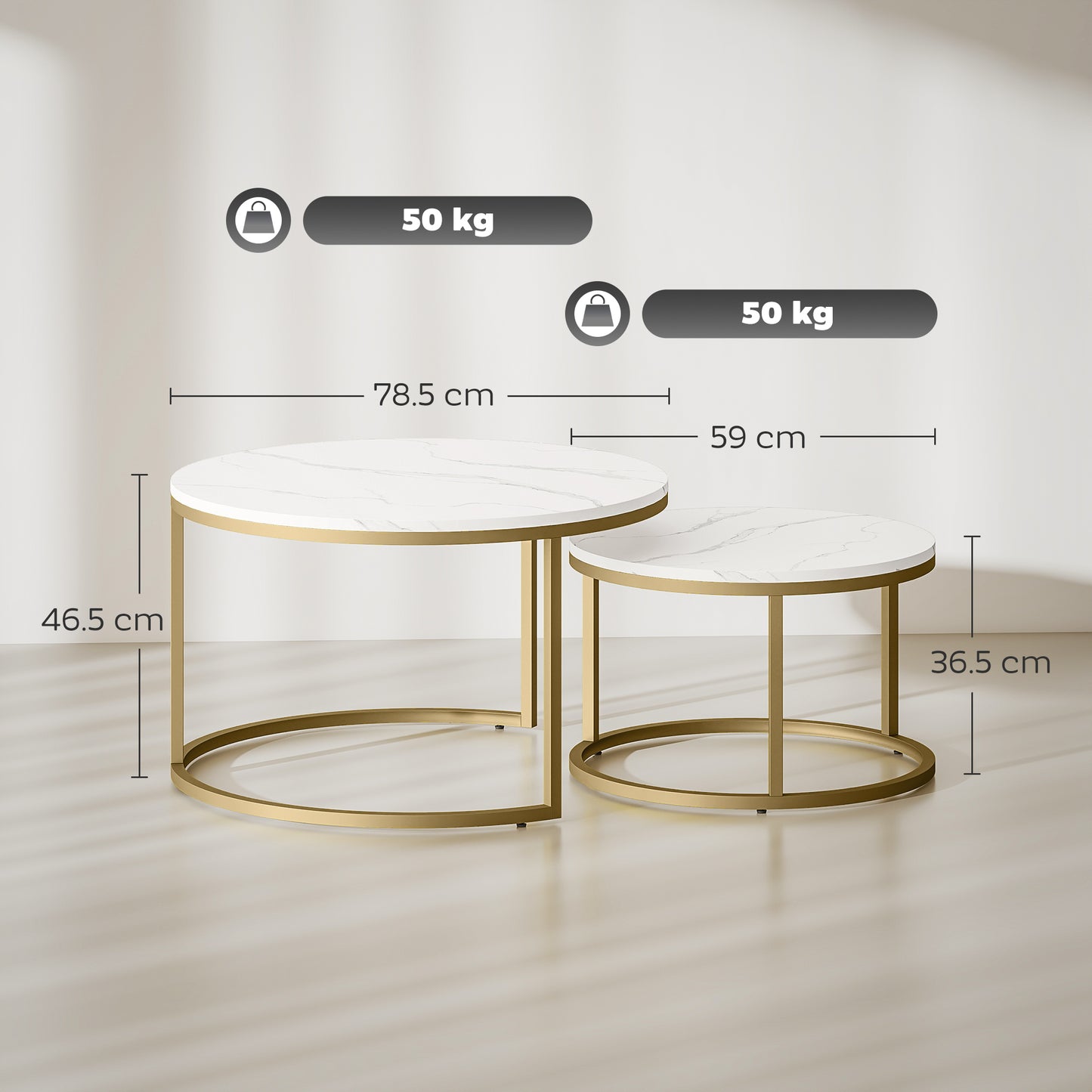 HOMCOM 2 Pcs Stacking Coffee Table Set Nesting Tables with Steel Frame for Living Room Marble White/Gold