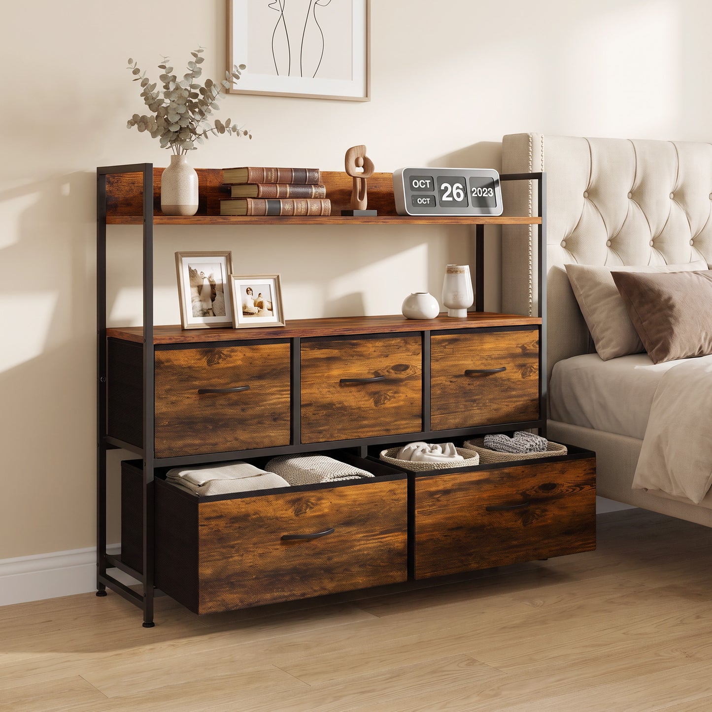 HOMCOM Chest of Drawers, Bedroom Fabric Dresser with 5 Drawers, Storage Organiser Unit with Open Shelves, Rustic Brown
