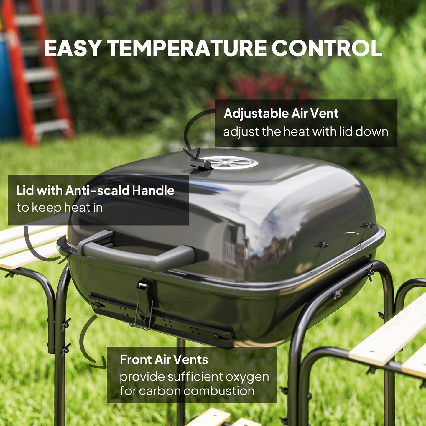 Outsunny Charcoal Portable BBQ Grill, 1840 cm² Cooking Area, 3 Shelves, Adjustable Vent, Lockable Lid, Wheels for Outdoor Cooking, Black