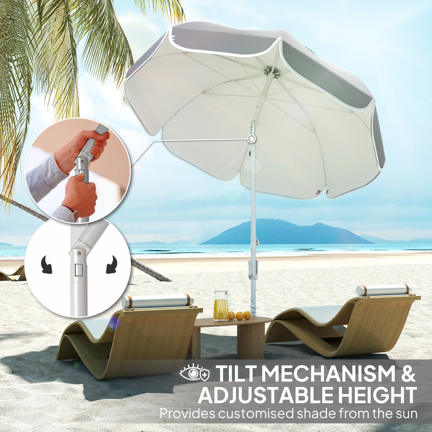 Outsunny Beach Umbrella Portable with Sand Anchor, Carry Bag, Adjustable Height & Tilt, UPF50+ UV Protection, Grey