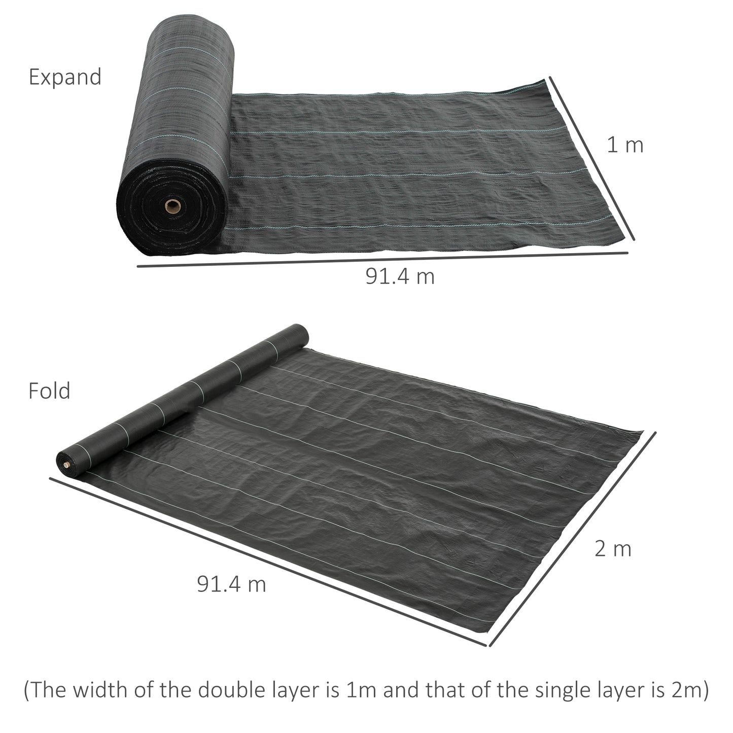 Outsunny 2m x 90m Weed Control Membrane, Heavy Duty Weed Control Barrier Fabric, 90gsm Ground Cover for Patios, Garden, Flower beds, Landscaping
