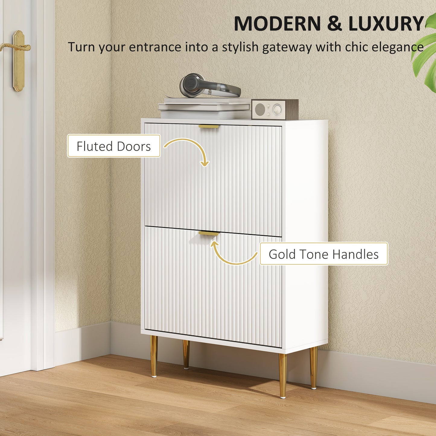 HOMCOM Narrow Shoe Cabinet with 2 Flip Drawers - White