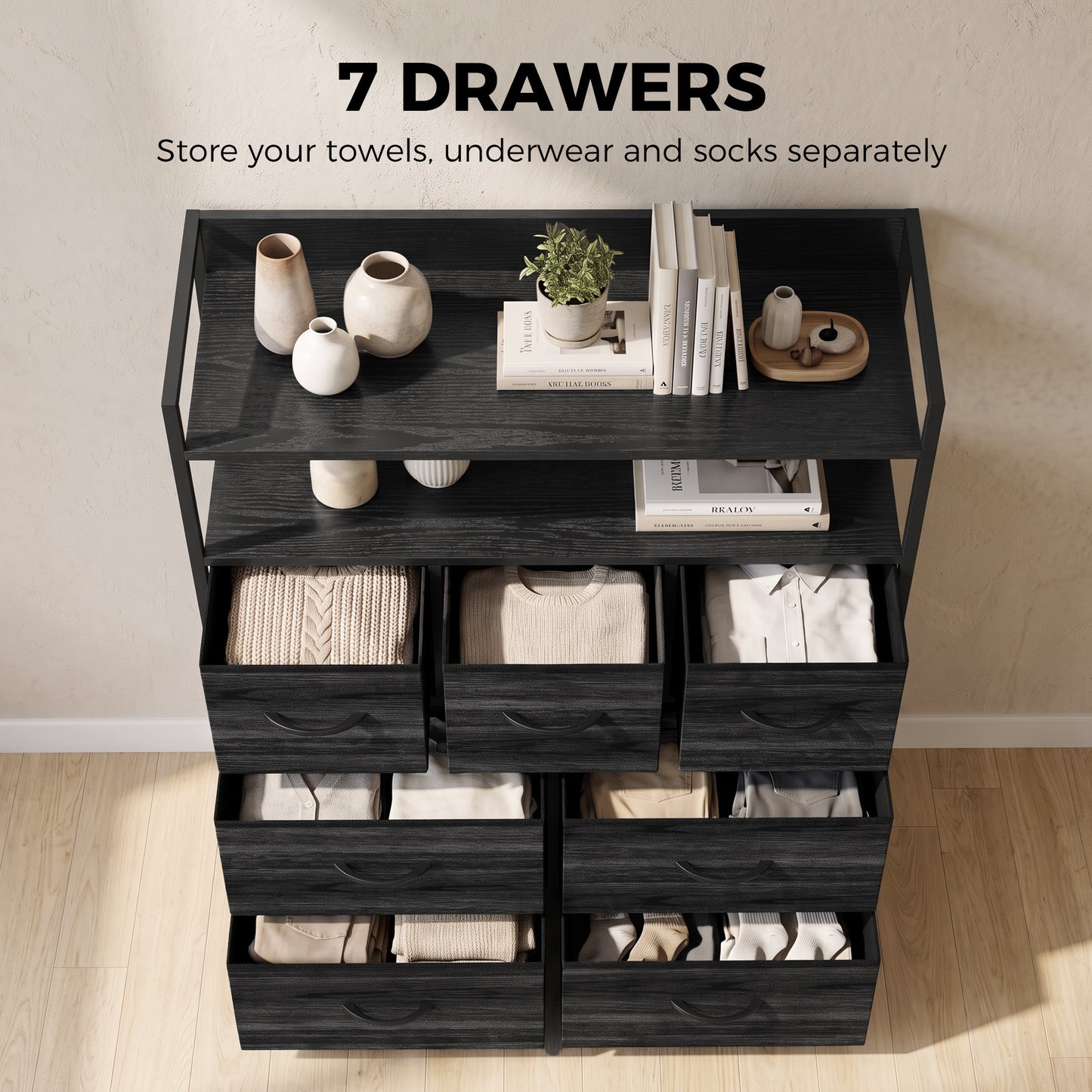 HOMCOM Chest of Drawers, Bedroom Fabric Dresser with 7 Drawers, Storage Organiser Unit with Open Shelves, Black Wood-Effect