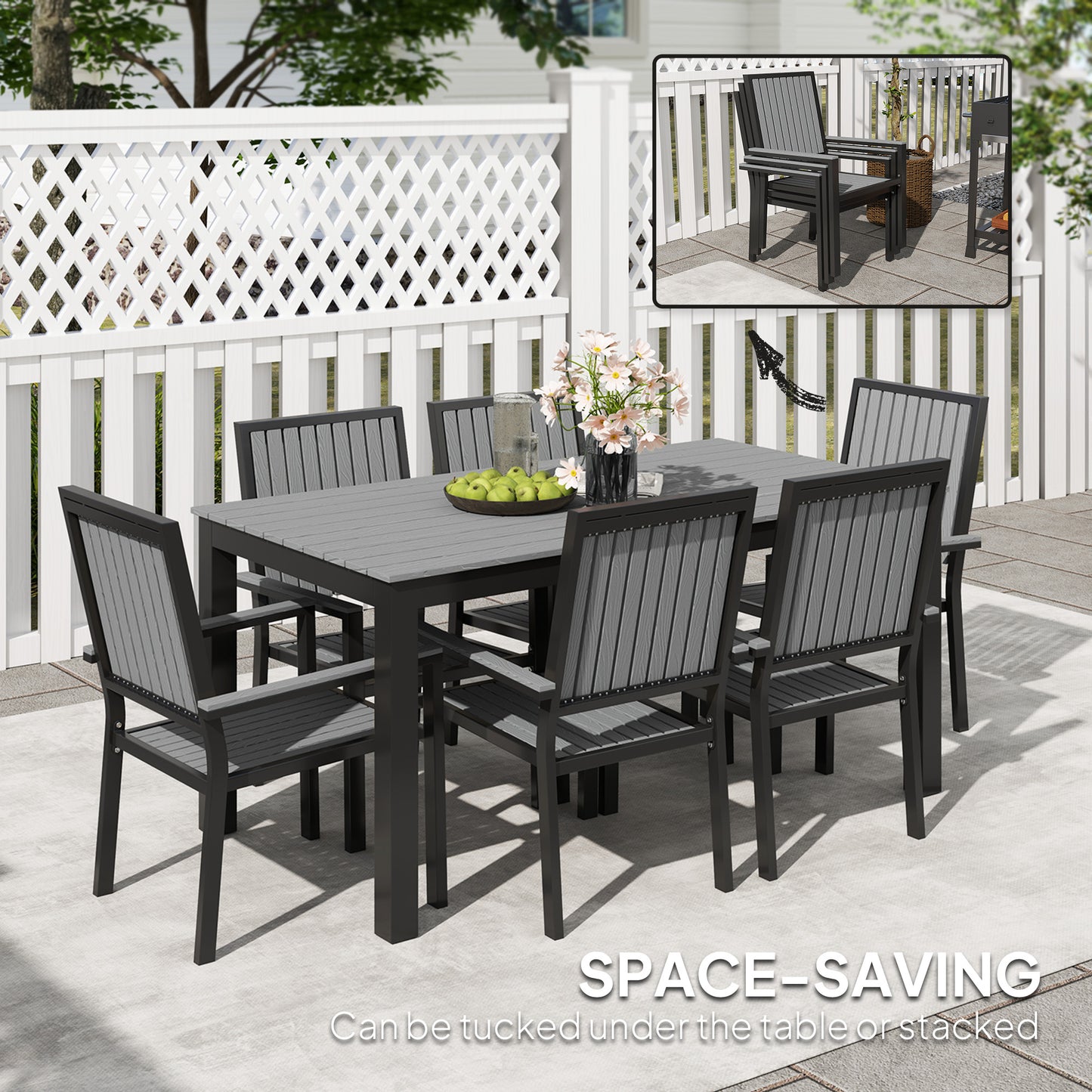 Outsunny 6 Seater Garden Dining Set, Stackable Chairs, Aluminum Frame, Rectangular Top, Outdoor Furniture for Patio/Poolside, Grey