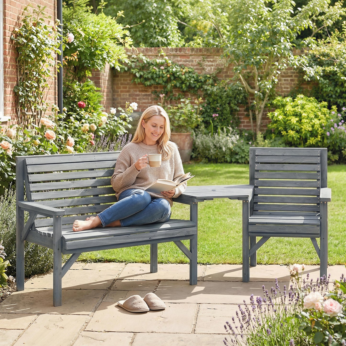 Outsunny Wooden Garden Furniture Set with Parasol Hole, 1 Chair, 1 Bench and Detachable Table, Grey Embossed Finish